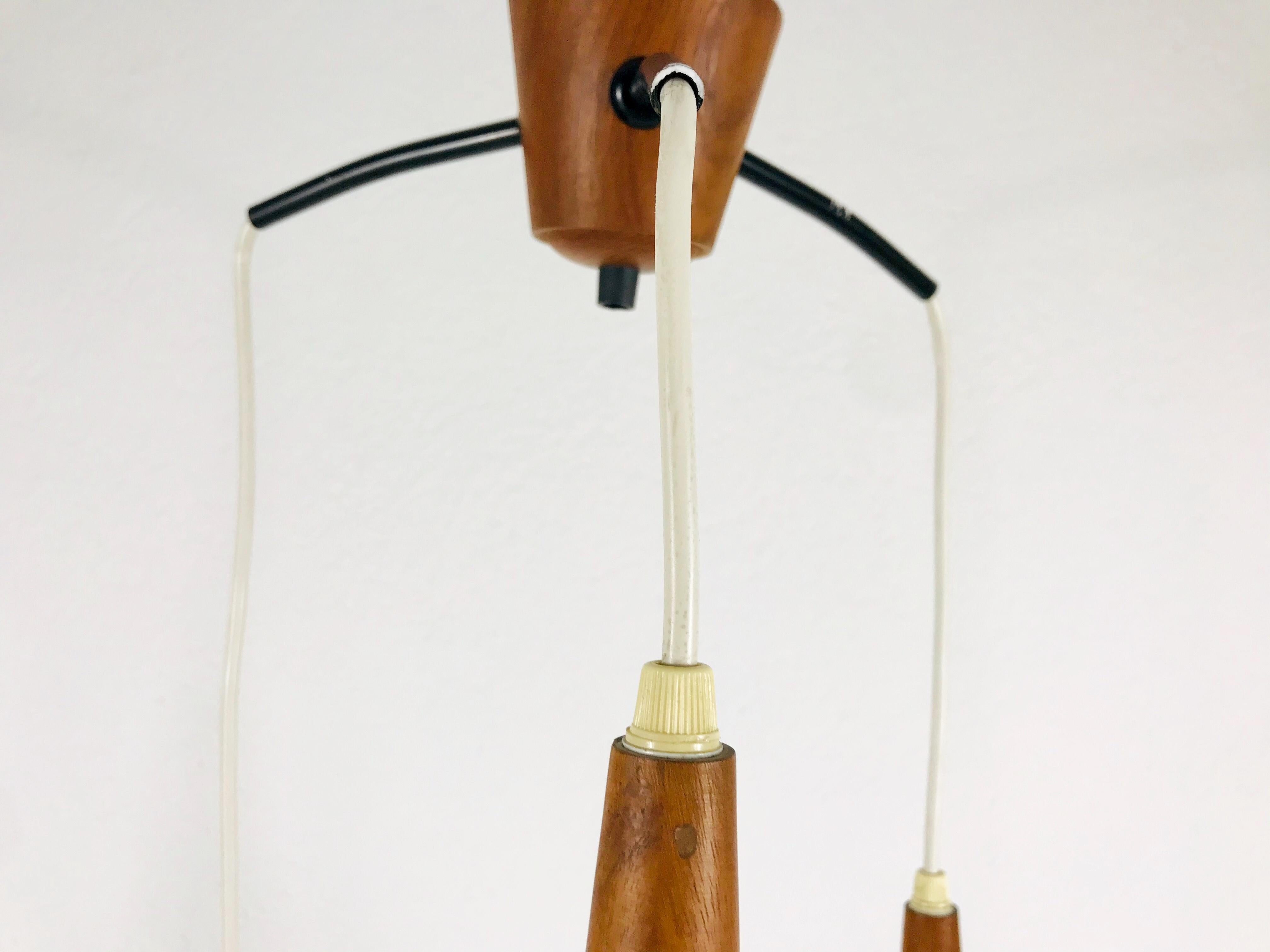 Midcentury Teak and Opaline Glass Cascade Pendant Lamp Attributed to Luxus 1960s 4