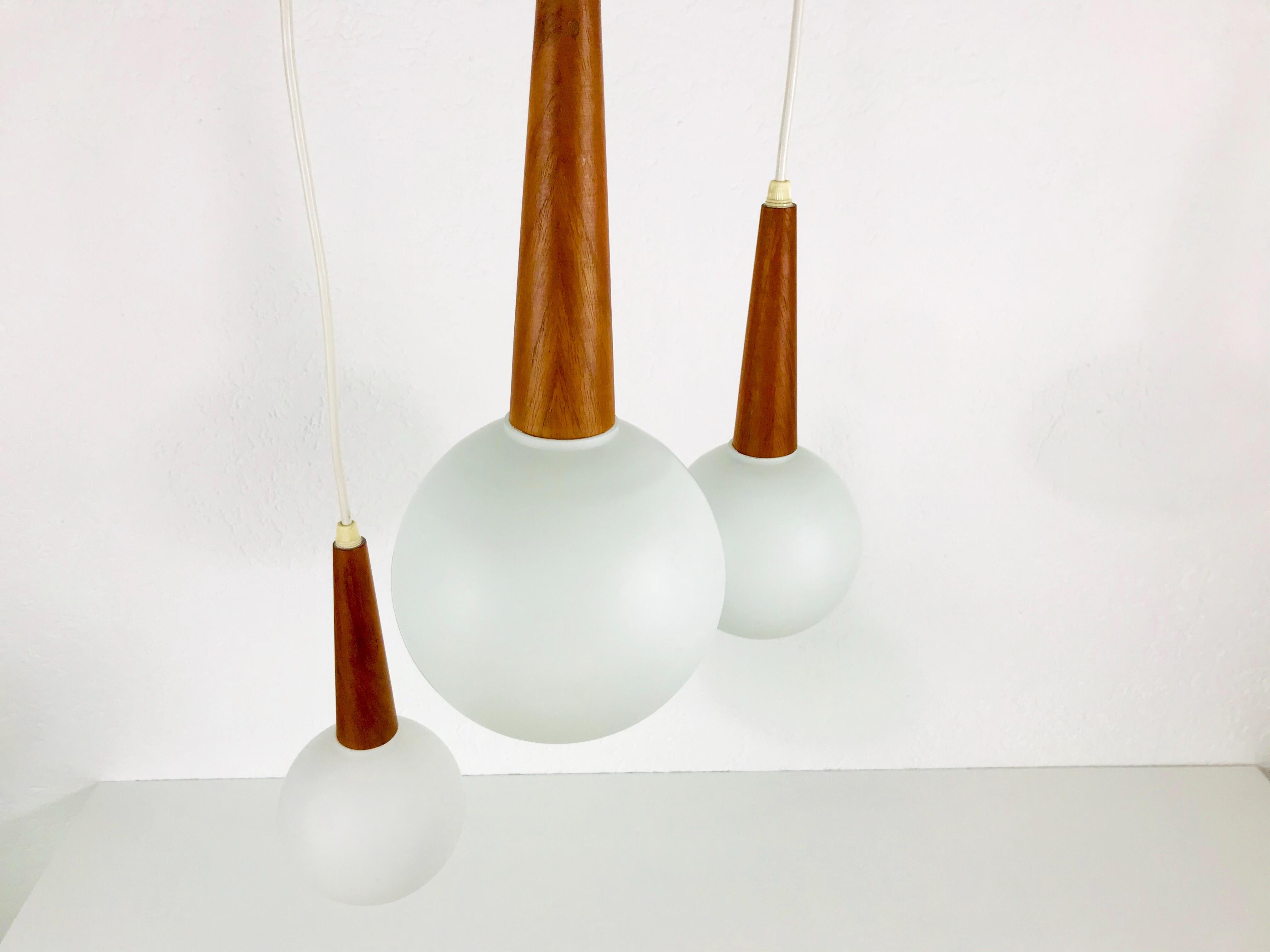 Midcentury Teak and Opaline Glass Cascade Pendant Lamp Attributed to Luxus 1960s 5