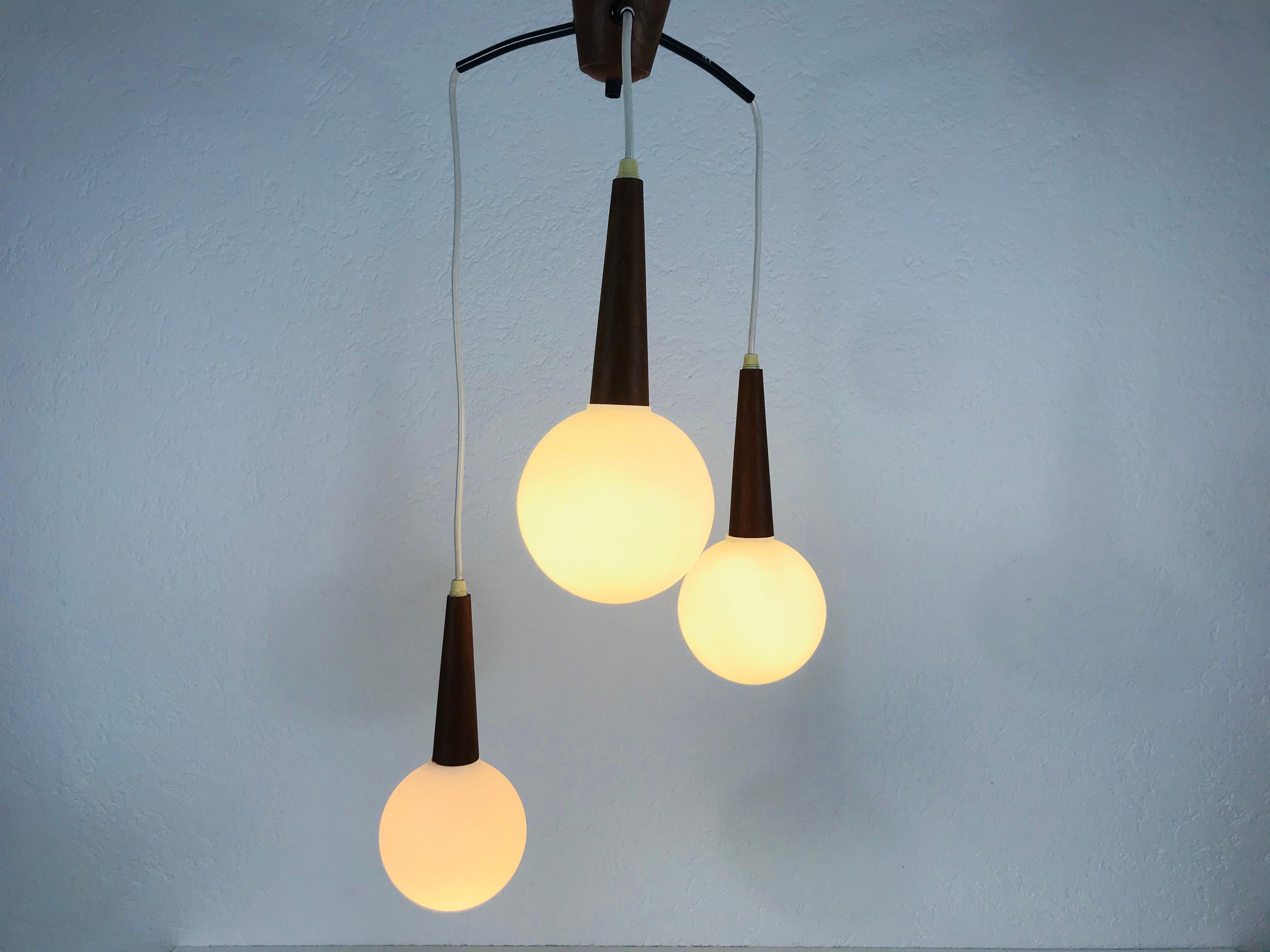 Midcentury Teak and Opaline Glass Cascade Pendant Lamp Attributed to Luxus 1960s 6