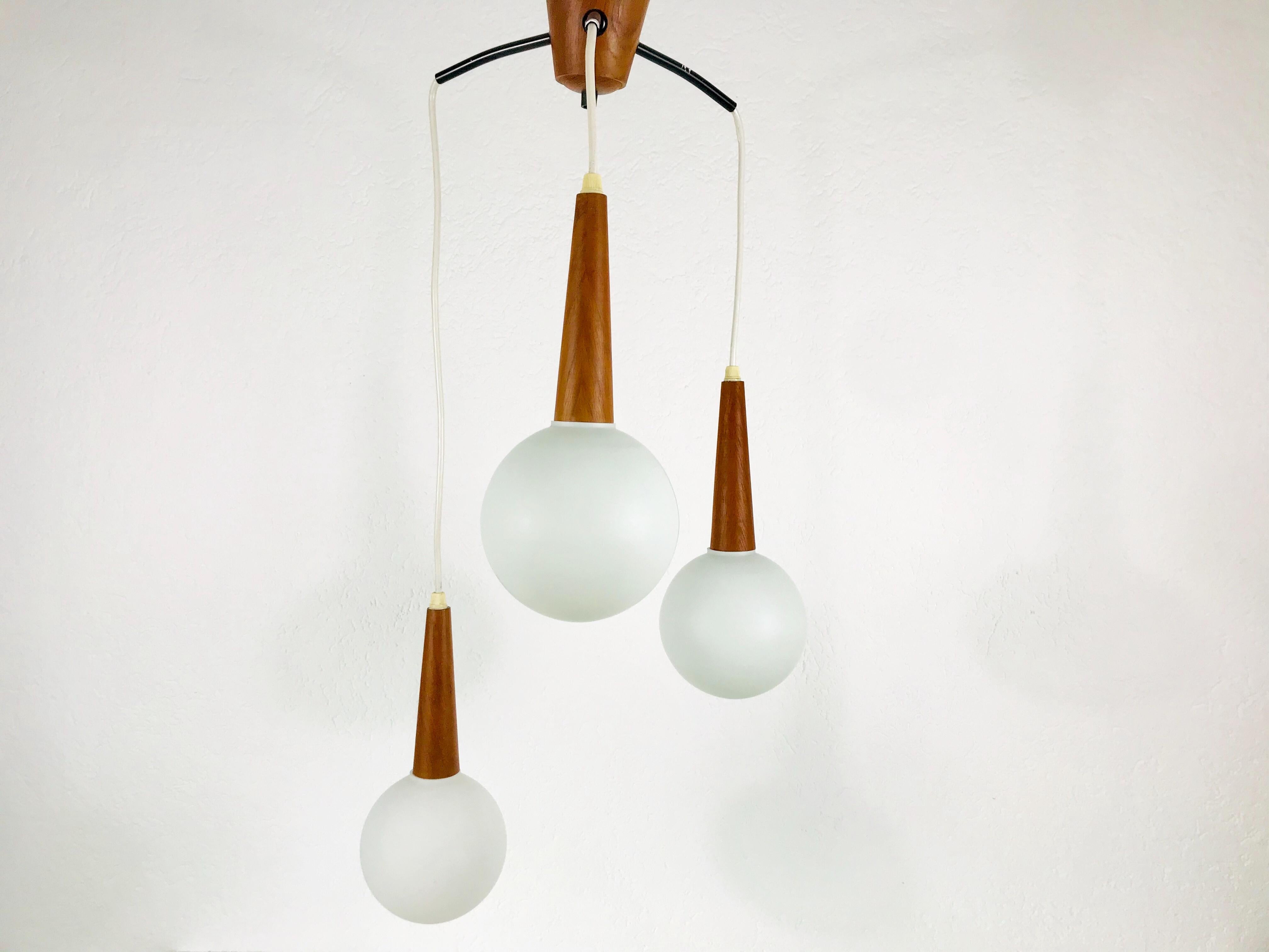 Mid-Century Modern Midcentury Teak and Opaline Glass Cascade Pendant Lamp Attributed to Luxus 1960s