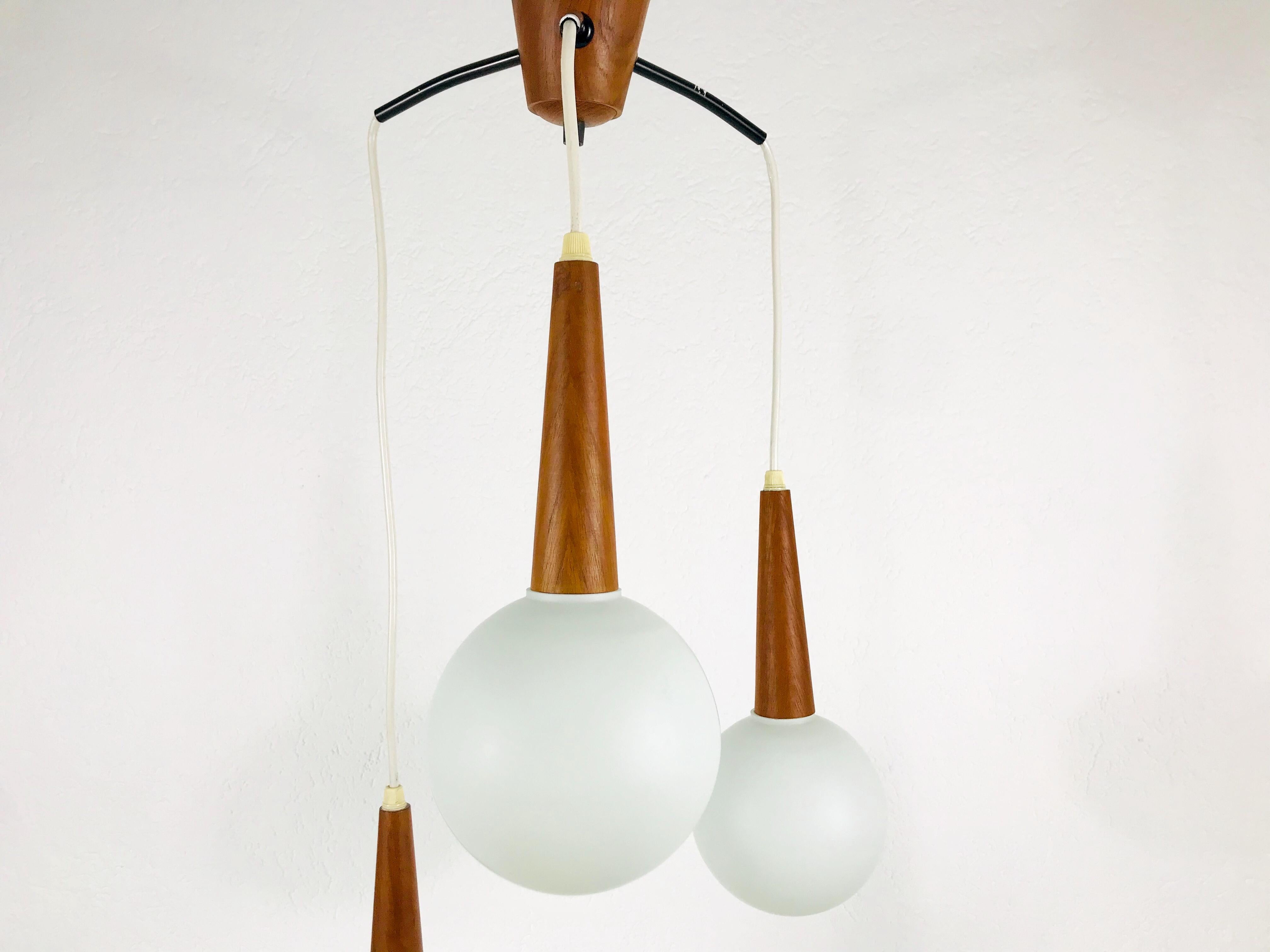 Midcentury Teak and Opaline Glass Cascade Pendant Lamp Attributed to Luxus 1960s 2