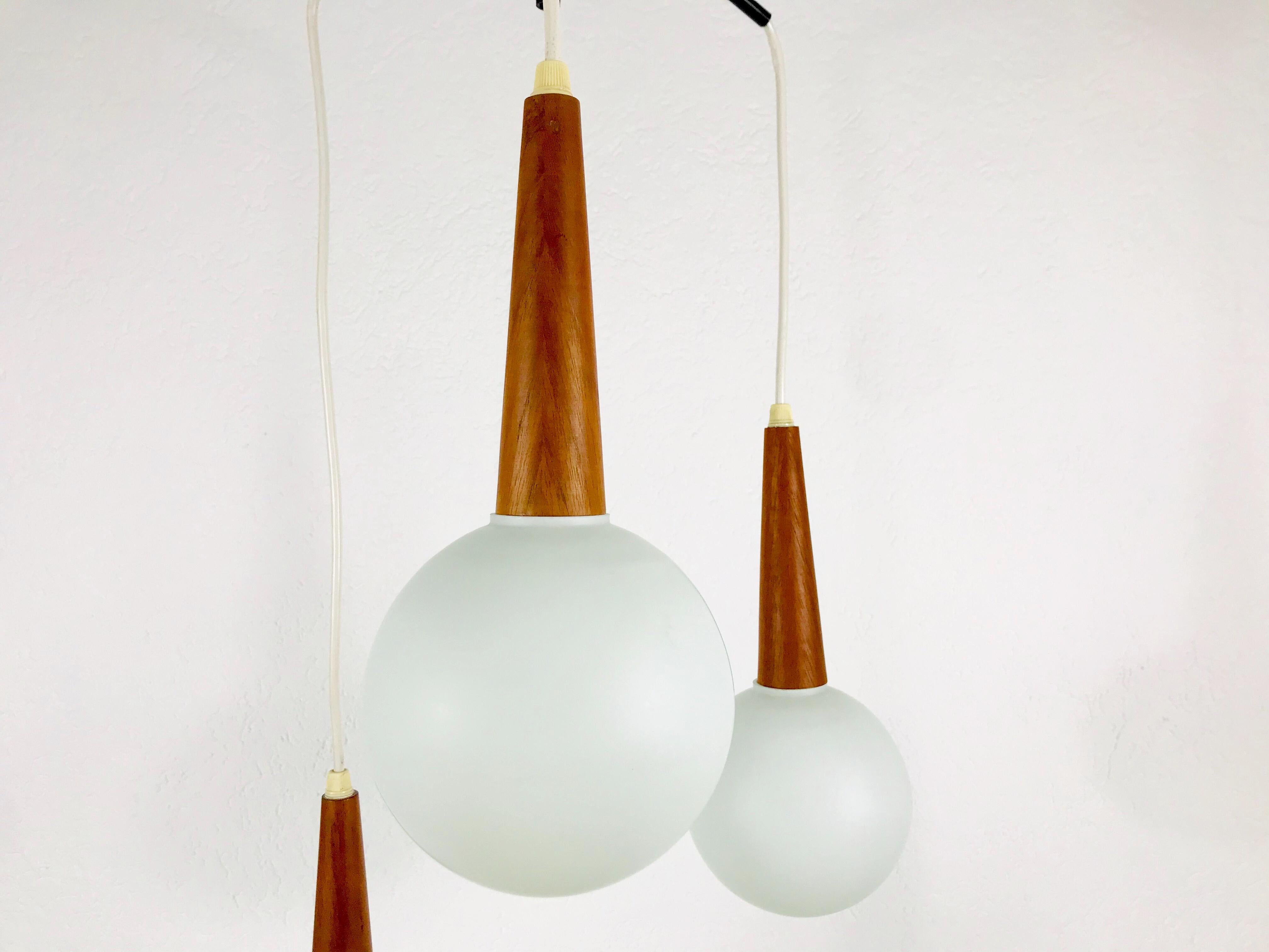 Midcentury Teak and Opaline Glass Cascade Pendant Lamp Attributed to Luxus 1960s 3