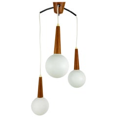Midcentury Teak and Opaline Glass Cascade Pendant Lamp Attributed to Luxus 1960s