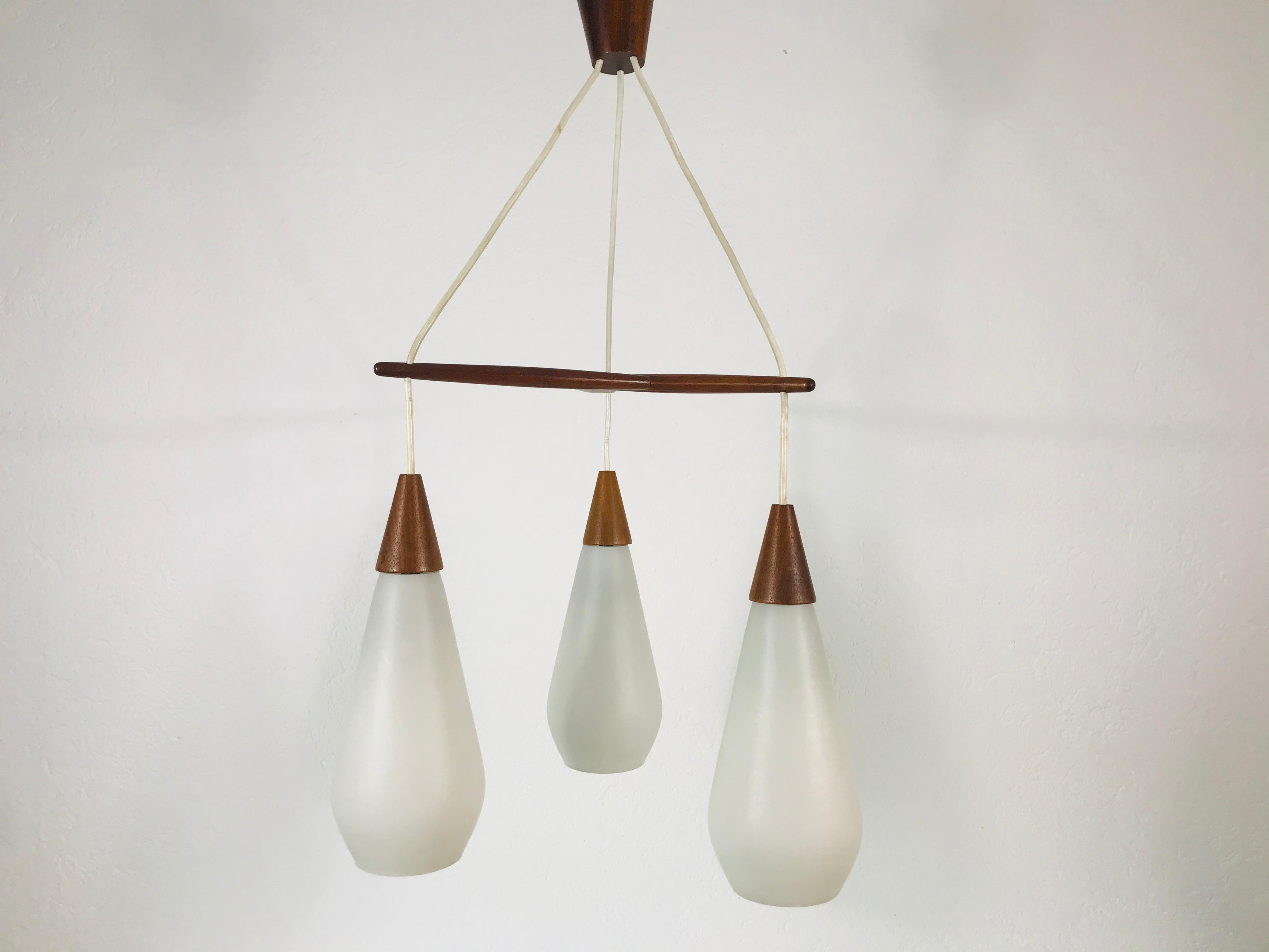 Mid-Century Modern Midcentury Teak and Opaline Glass Cascade Pendant Lamp in the Style of Luxus