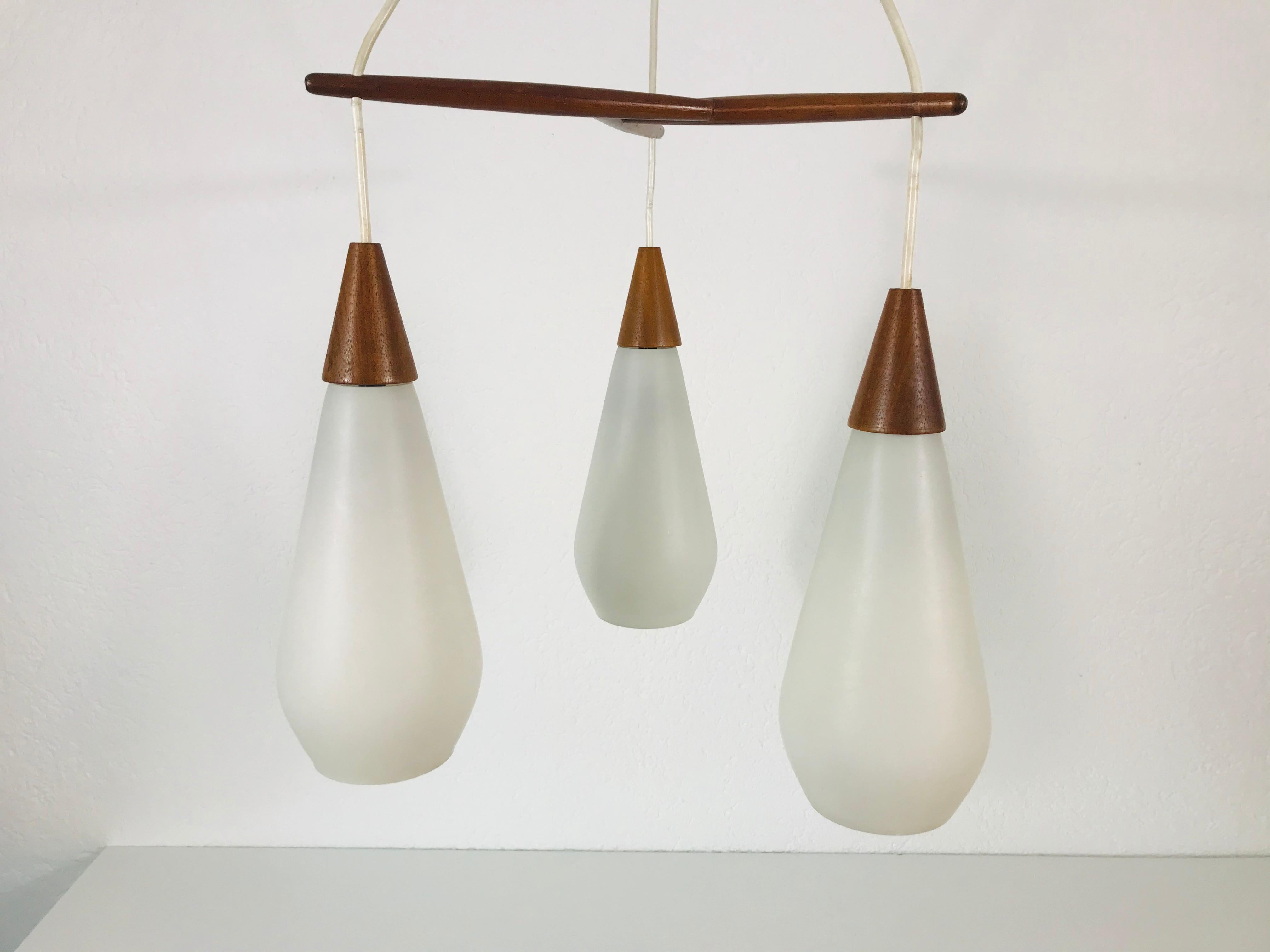 Swedish Midcentury Teak and Opaline Glass Cascade Pendant Lamp in the Style of Luxus