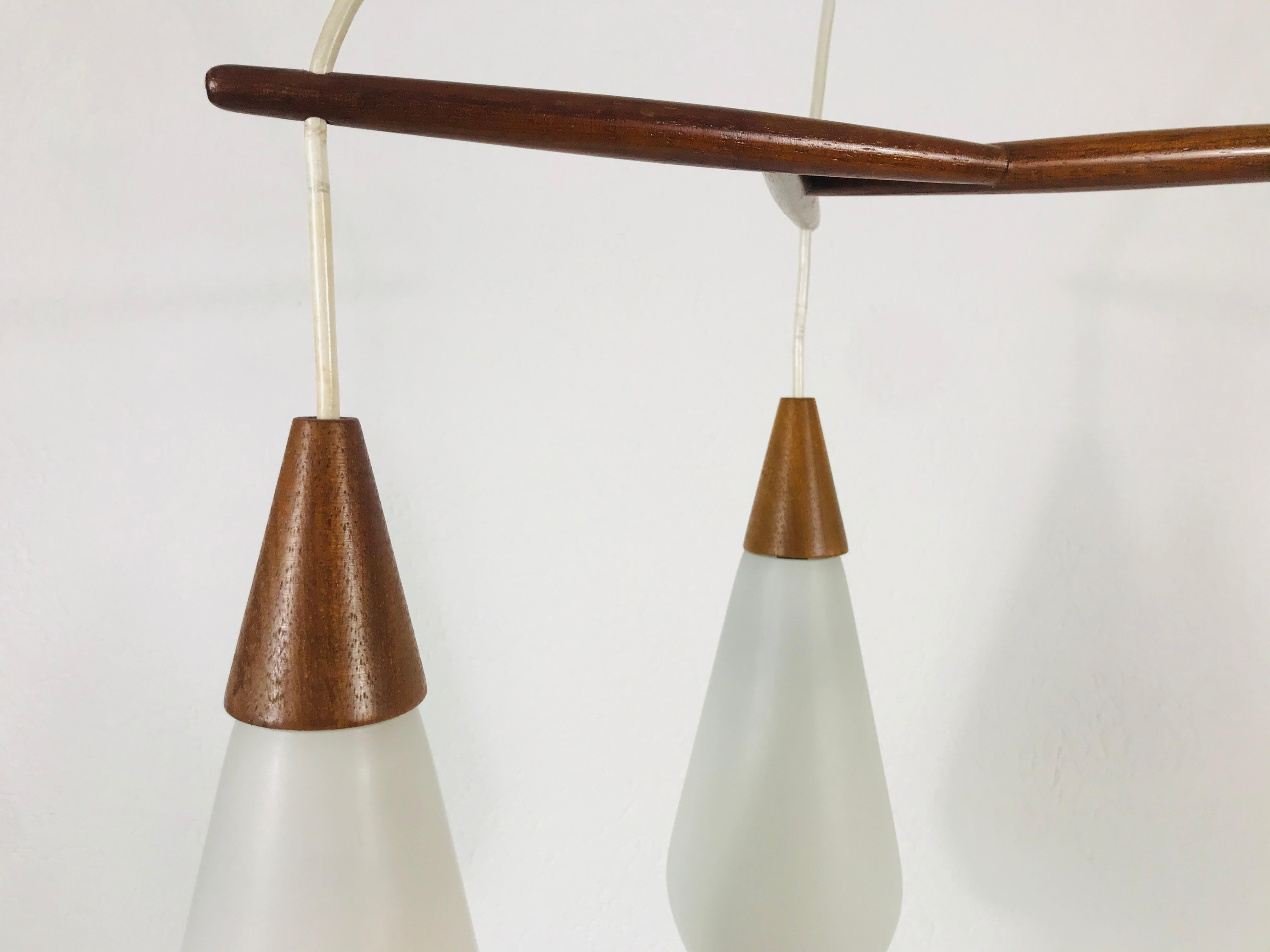 Mid-20th Century Midcentury Teak and Opaline Glass Cascade Pendant Lamp in the Style of Luxus