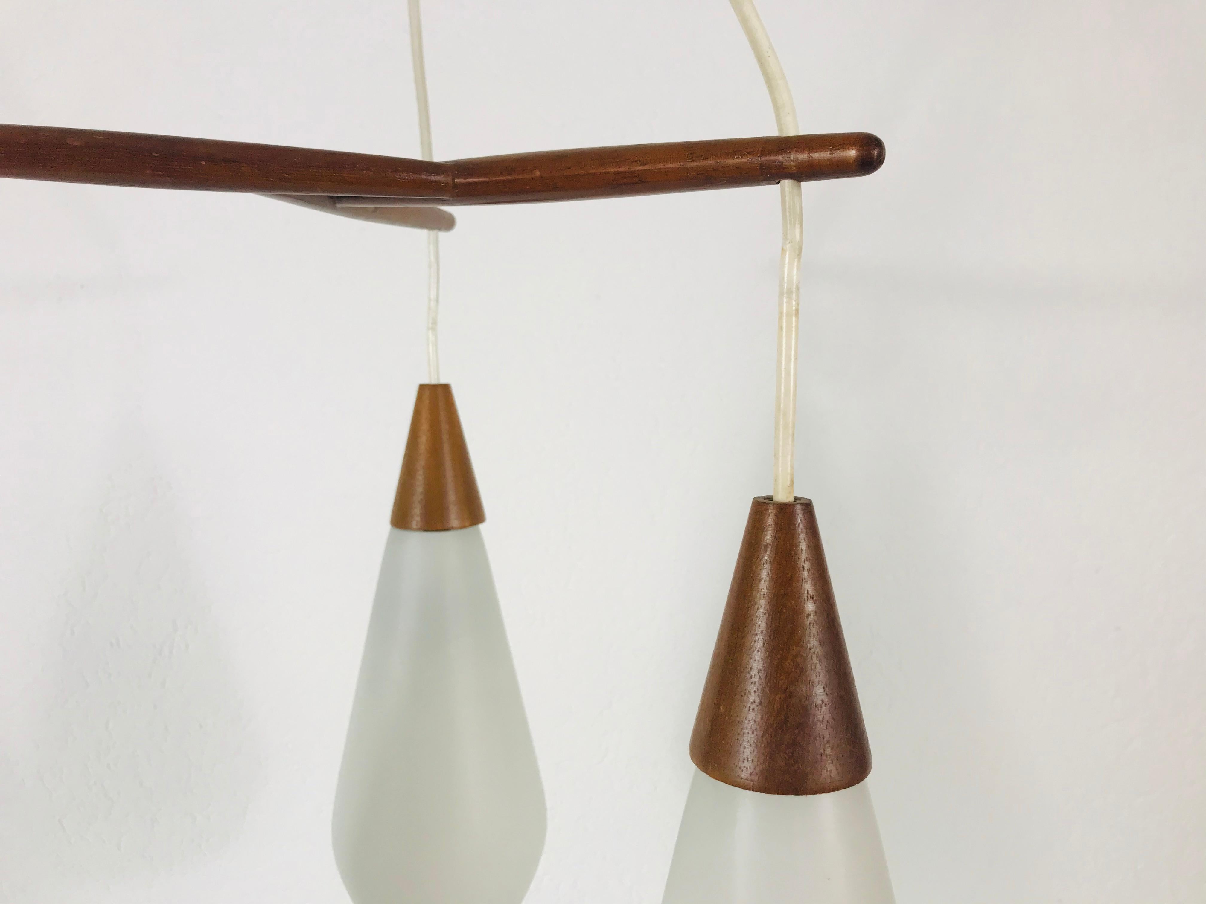 Midcentury Teak and Opaline Glass Cascade Pendant Lamp in the Style of Luxus 1