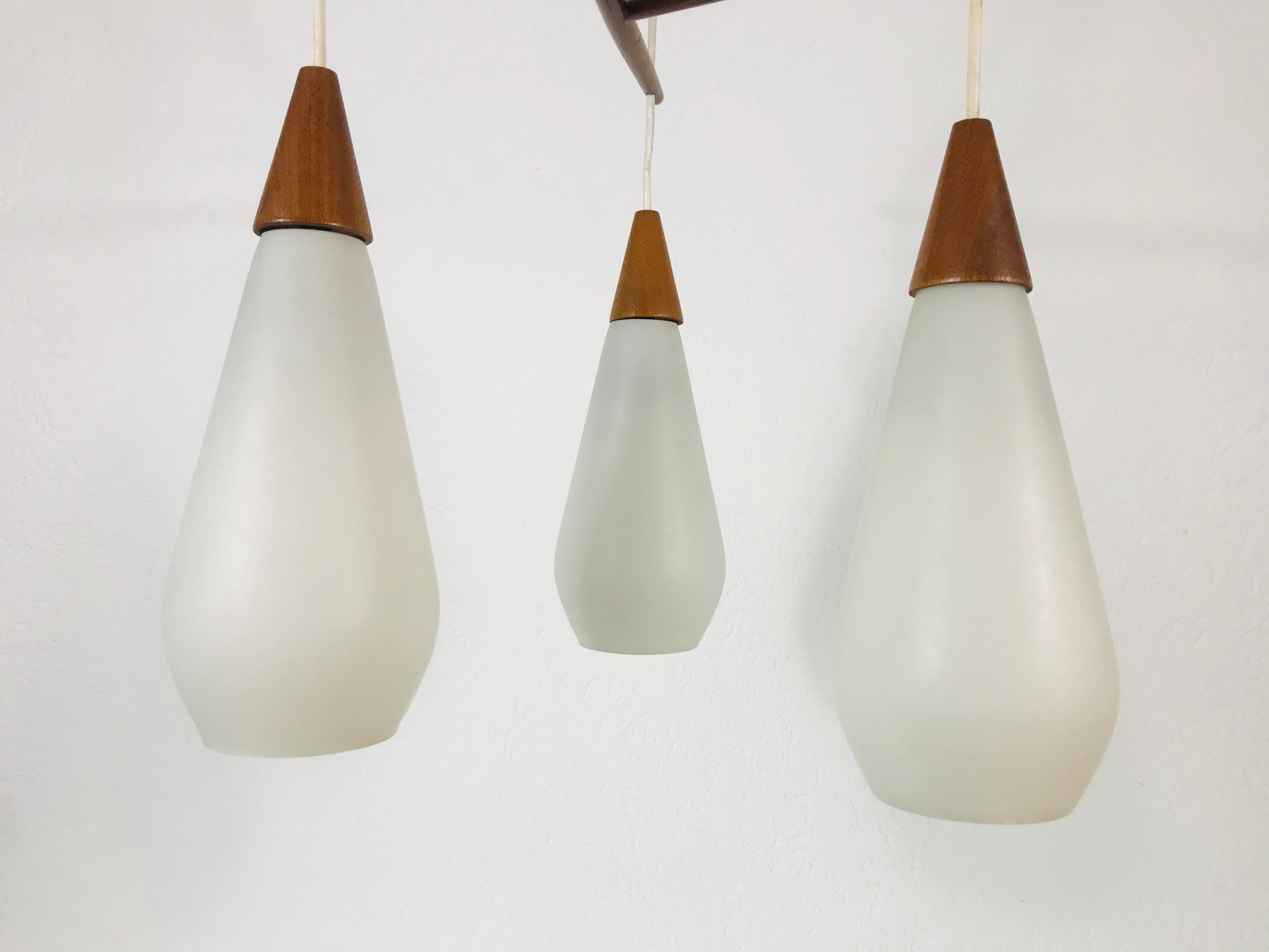 Midcentury Teak and Opaline Glass Cascade Pendant Lamp in the Style of Luxus 2