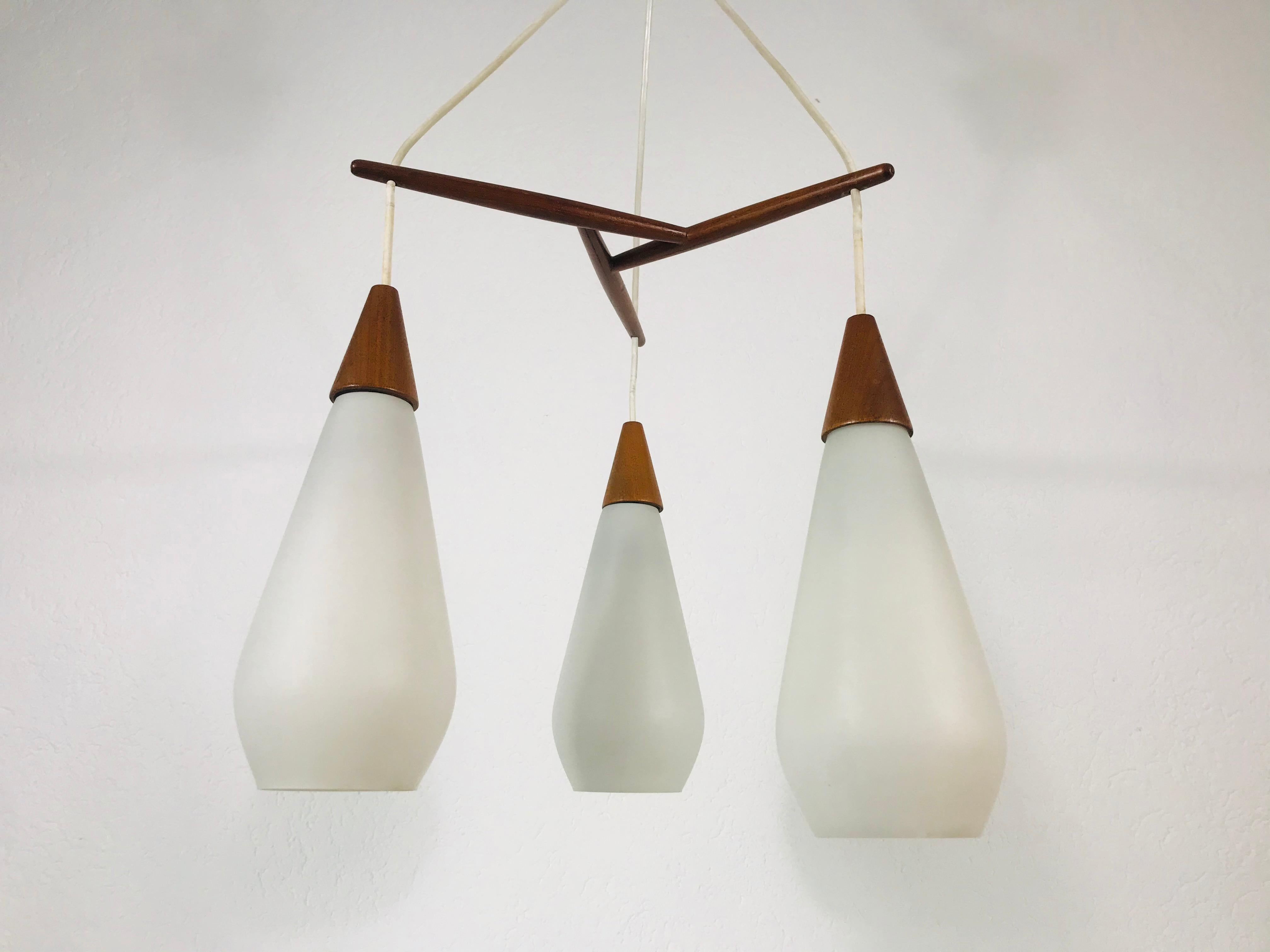Midcentury Teak and Opaline Glass Cascade Pendant Lamp in the Style of Luxus 3