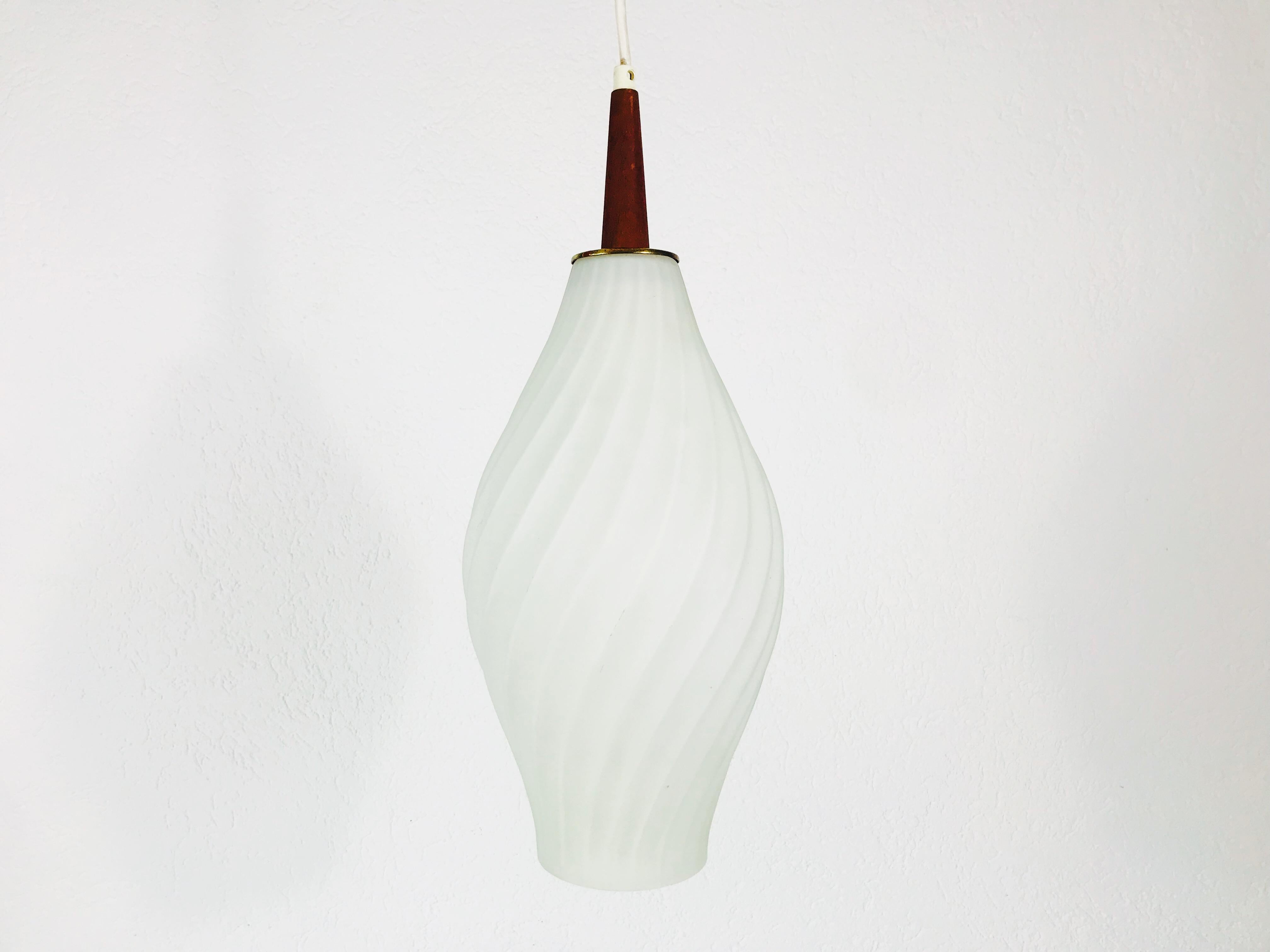 German Midcentury Teak and Opaline Glass Pendant Lamp, 1960s
