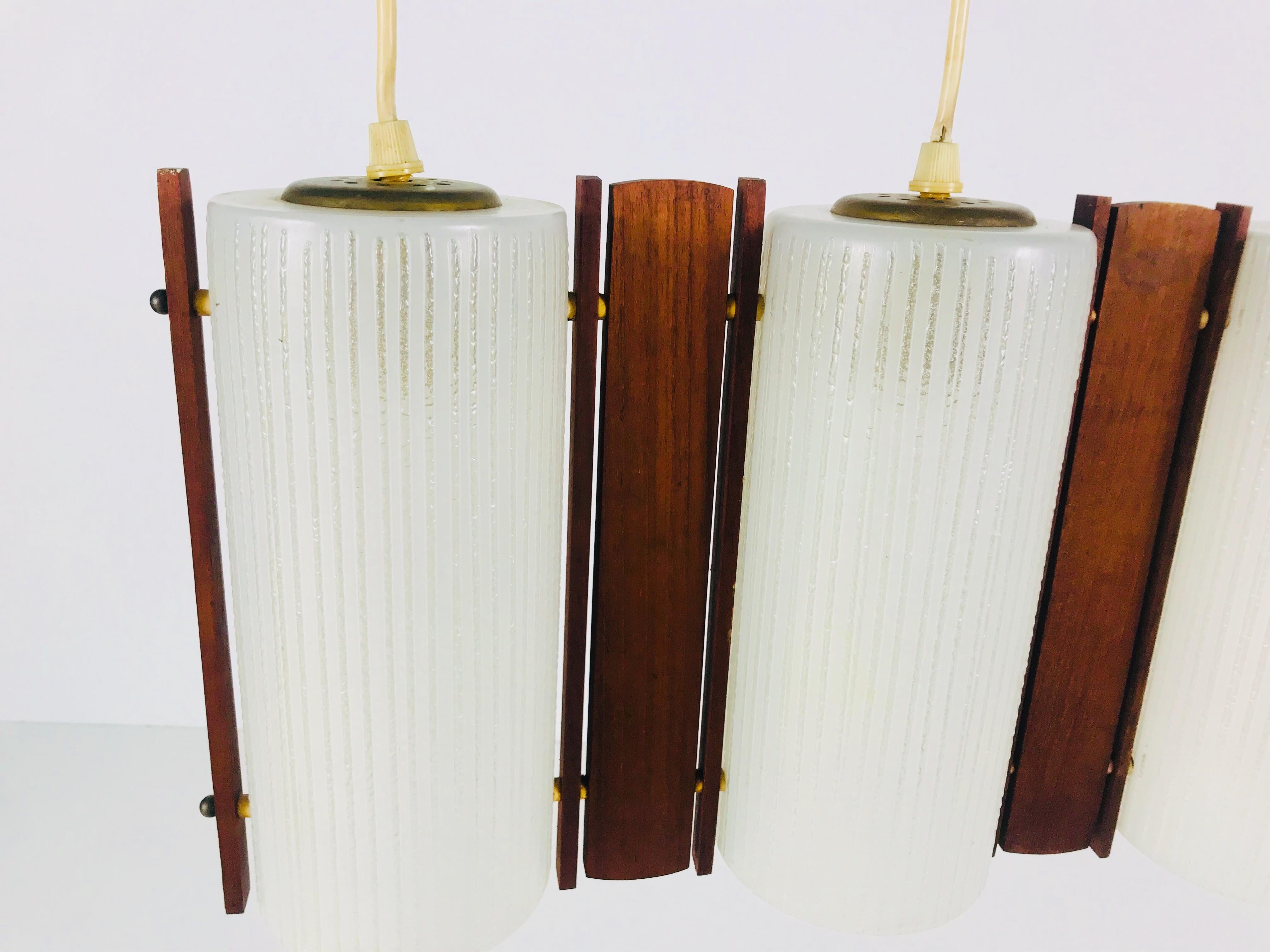 German Midcentury Teak and Opaline Glass Pendant Lamp, 1960s