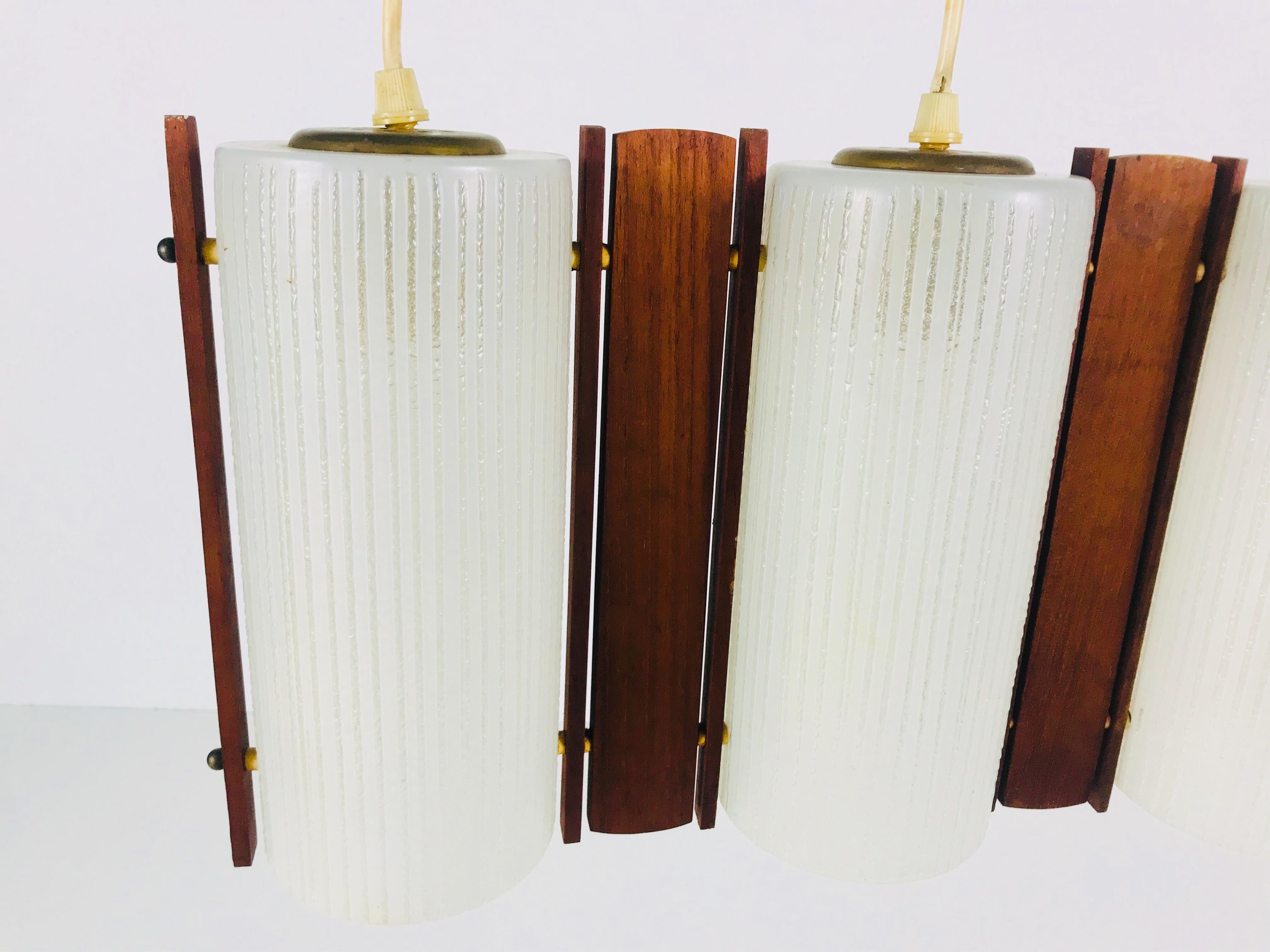 Midcentury Teak and Opaline Glass Pendant Lamp, 1960s In Good Condition In Hagenbach, DE