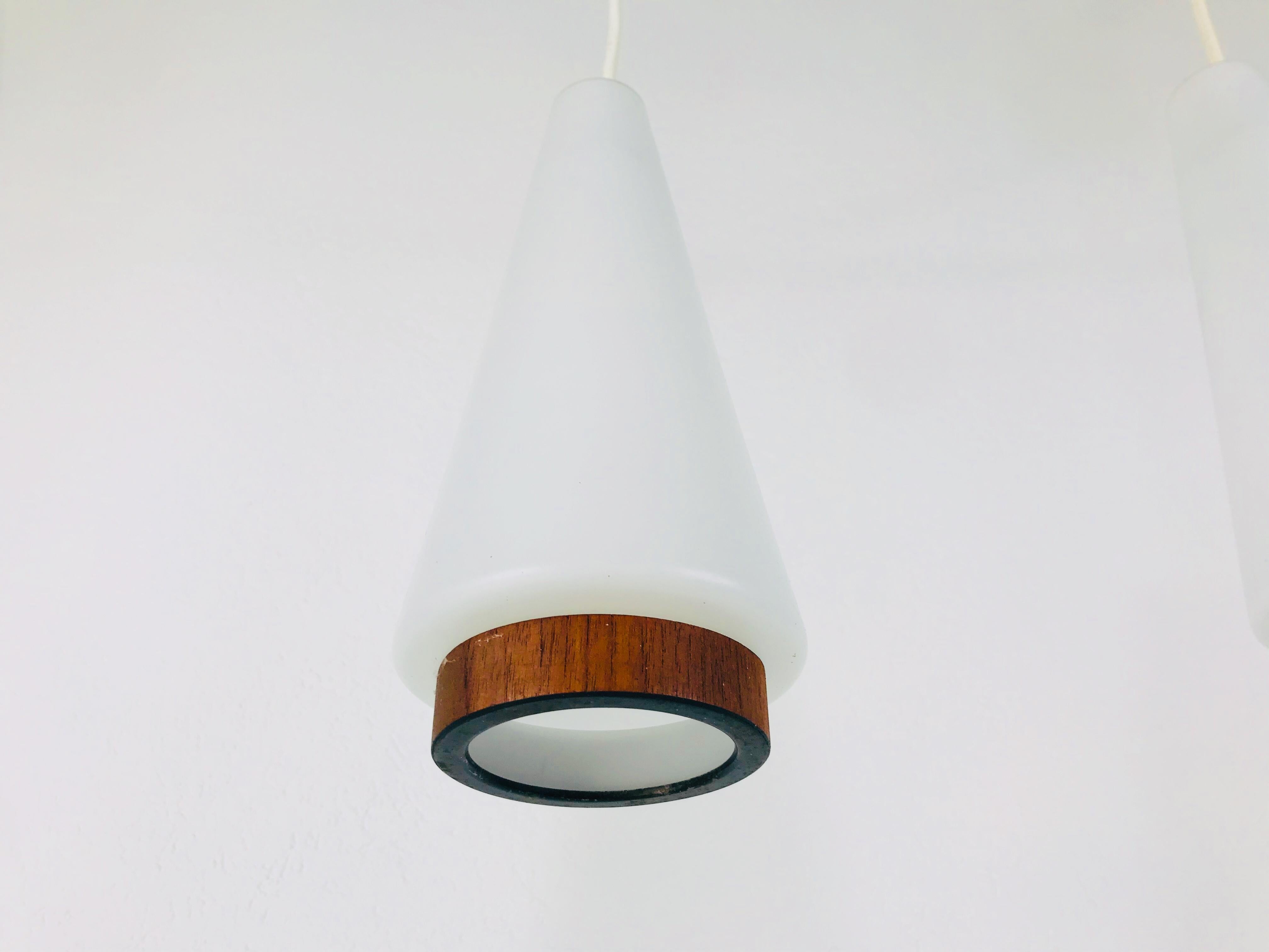 Midcentury Teak and Opaline Glass Pendant Lamp, 1960s 1