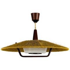 Midcentury Teak and Rattan Hanging Lamp by Temde, circa 1970