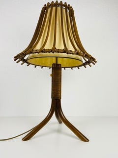 Lampe de table en teck et rotin du milieu du siècle dernier, vers 1970