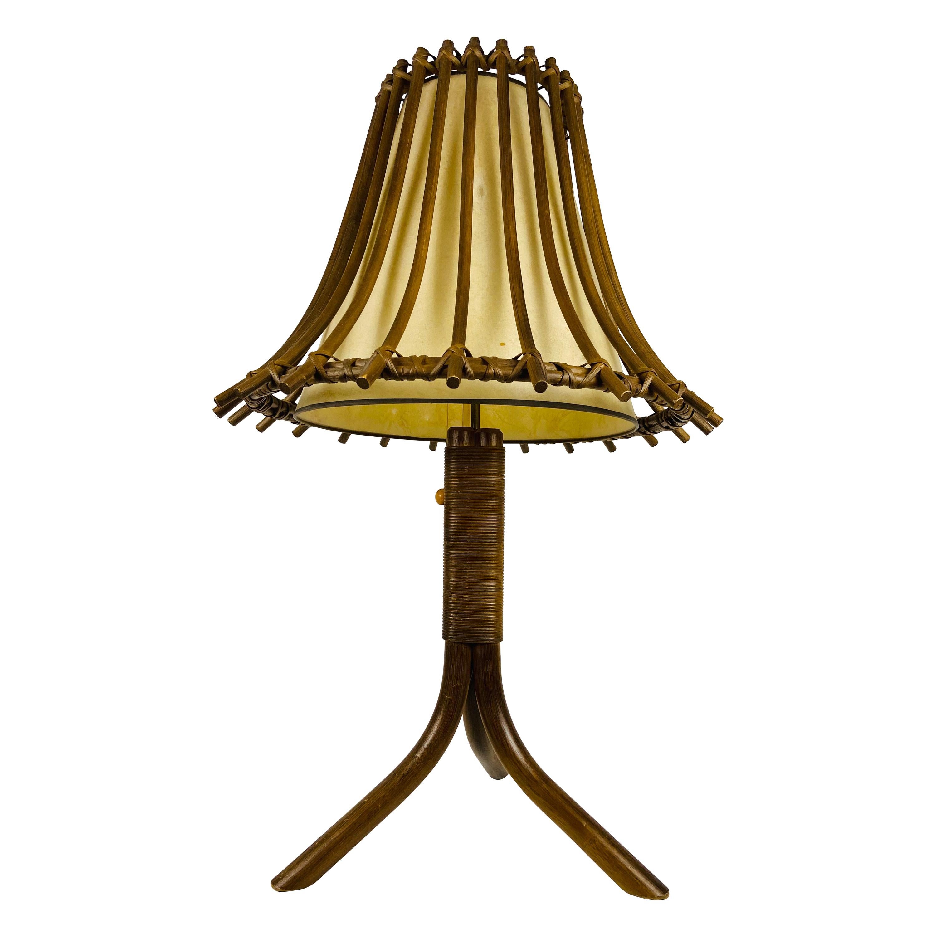 Lampe de table en teck et rotin du milieu du siècle dernier, vers 1970 en vente