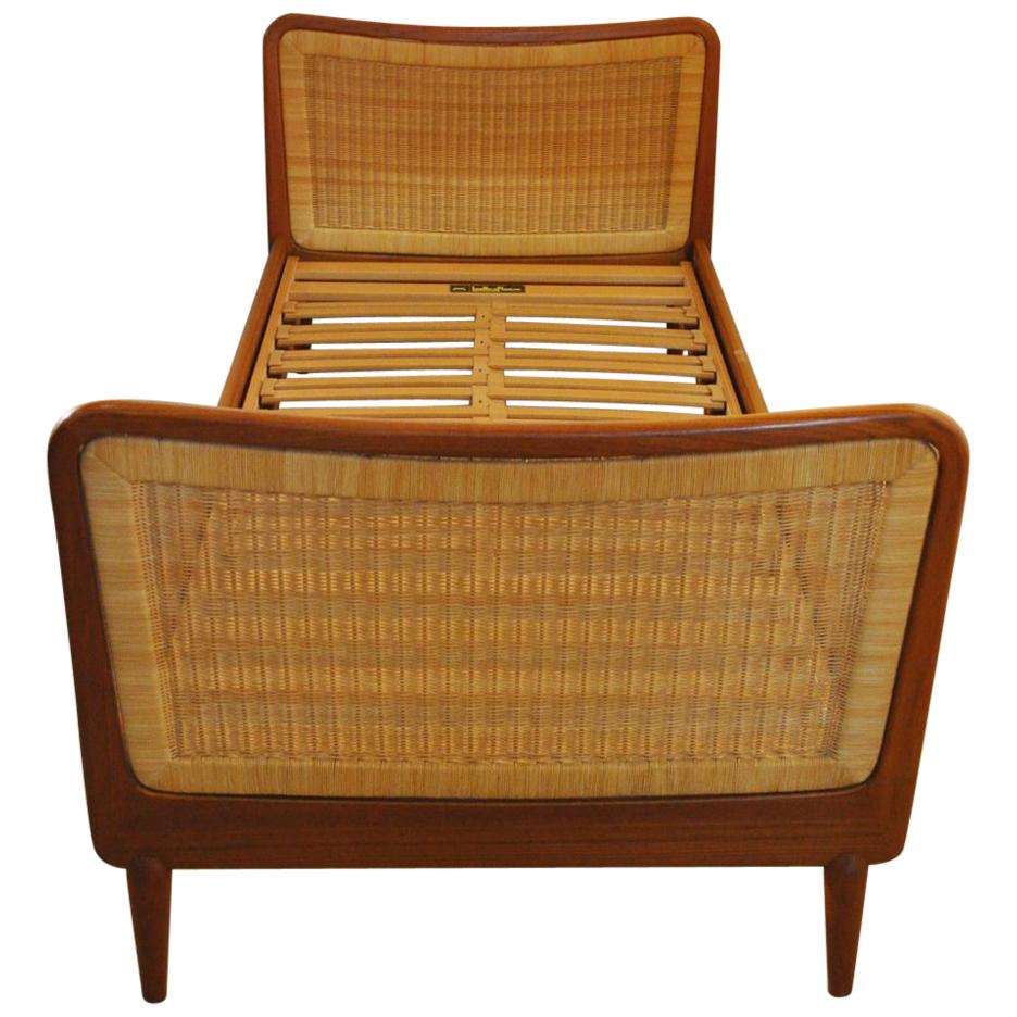 Midcentury Teak Bed with Woven Cane Head and Footboard