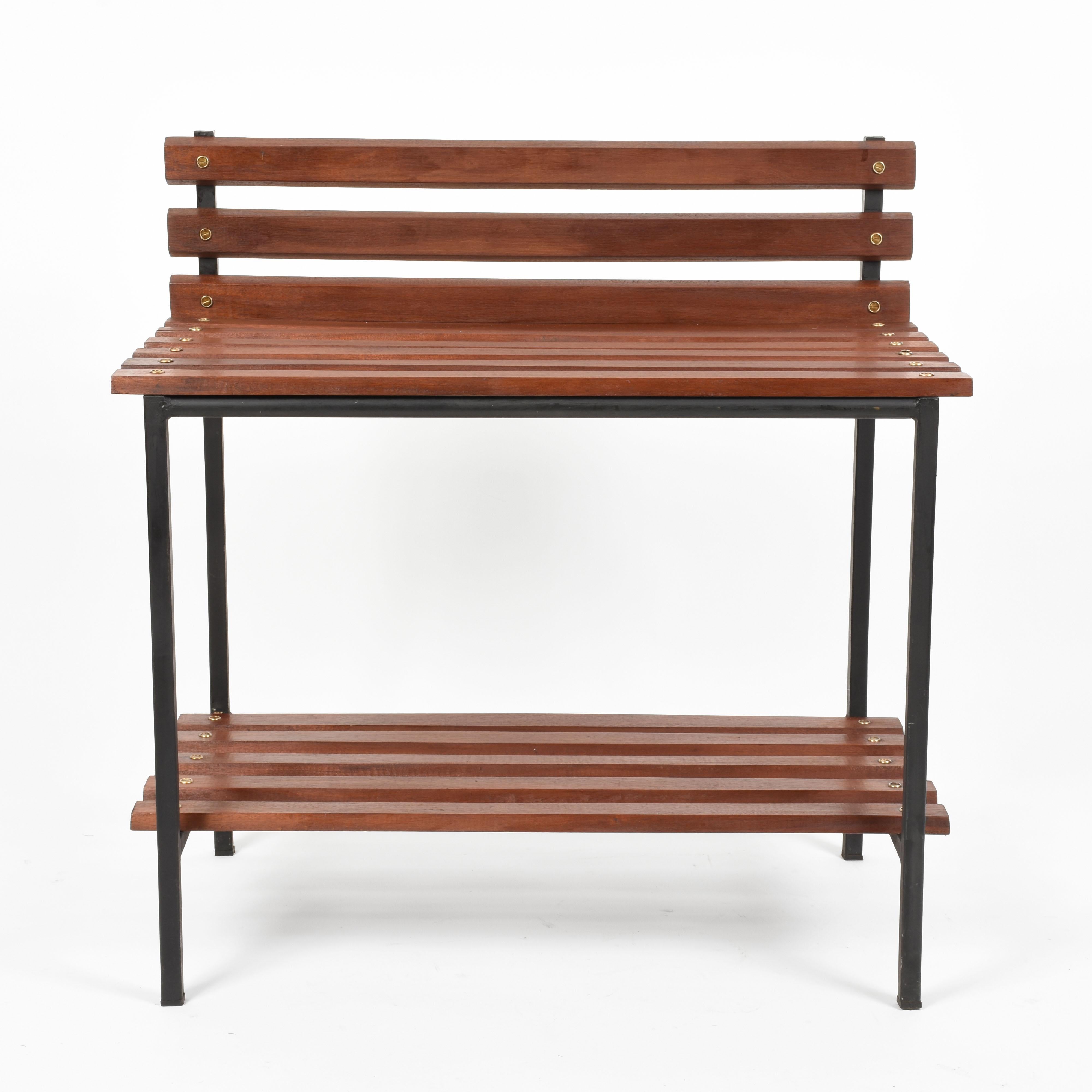 Mid-20th Century Midcentury Teak, Black Enameled Metal and Brass Italian Bench, 1960s For Sale