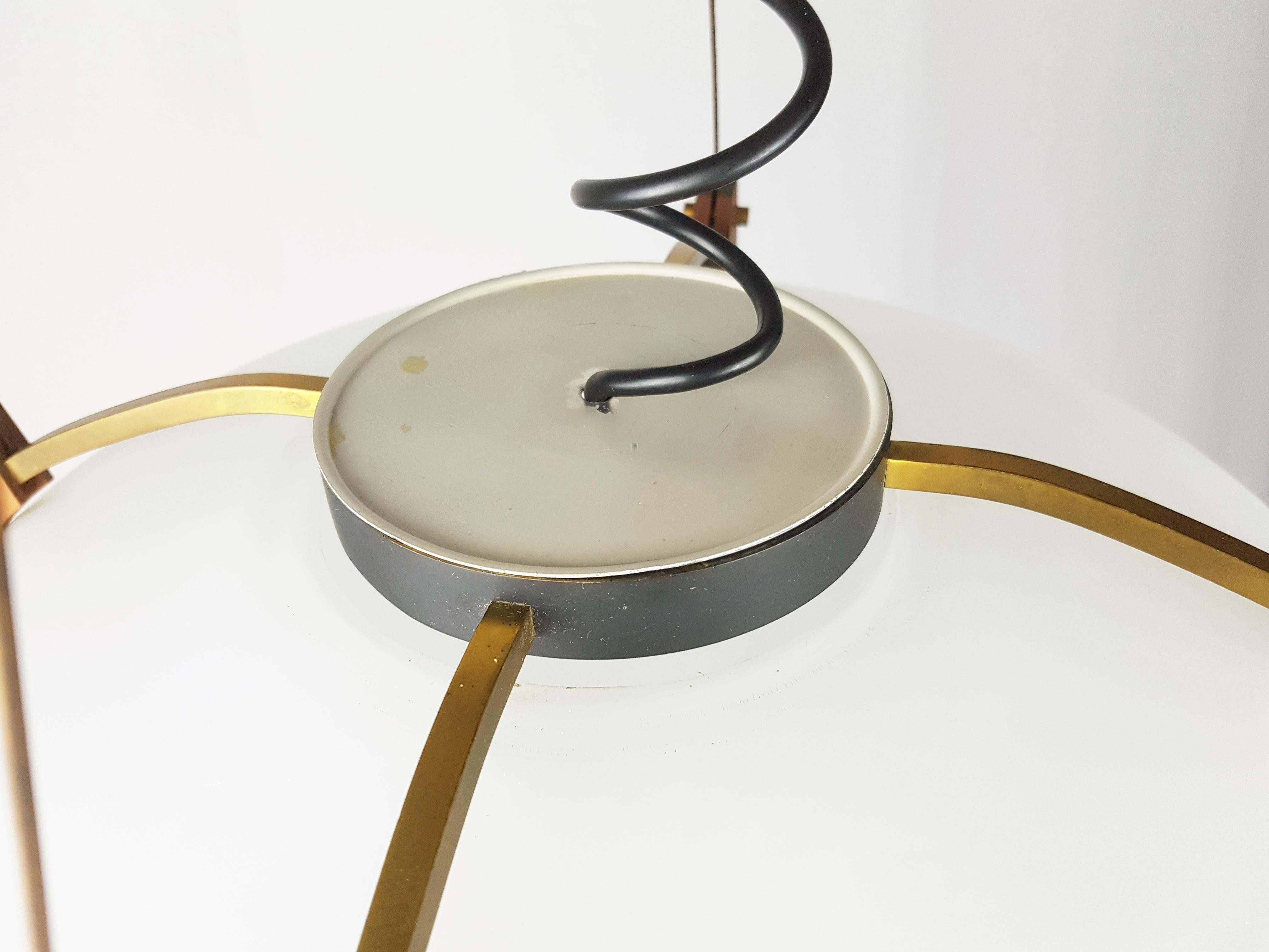Midcentury Teak, Brass and Opaline Glass Italian Pendant Attributed to Stilnovo For Sale 4