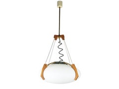 Midcentury Teak, Brass and Opaline Glass Italian Pendant Attributed to Stilnovo