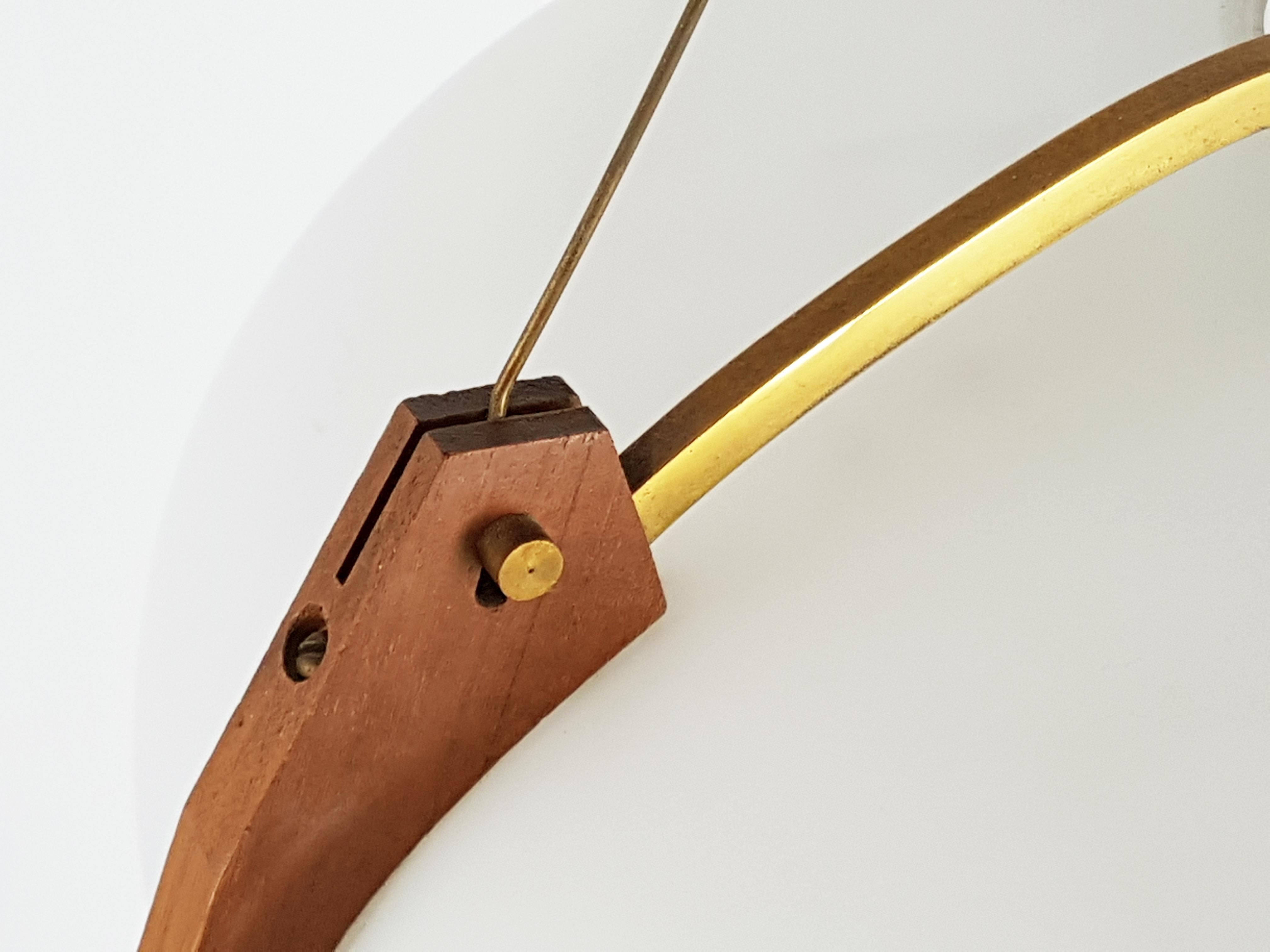 Mid-20th Century Midcentury Teak, Brass and Opaline Glass Italian Pendant Attributed to Stilnovo For Sale