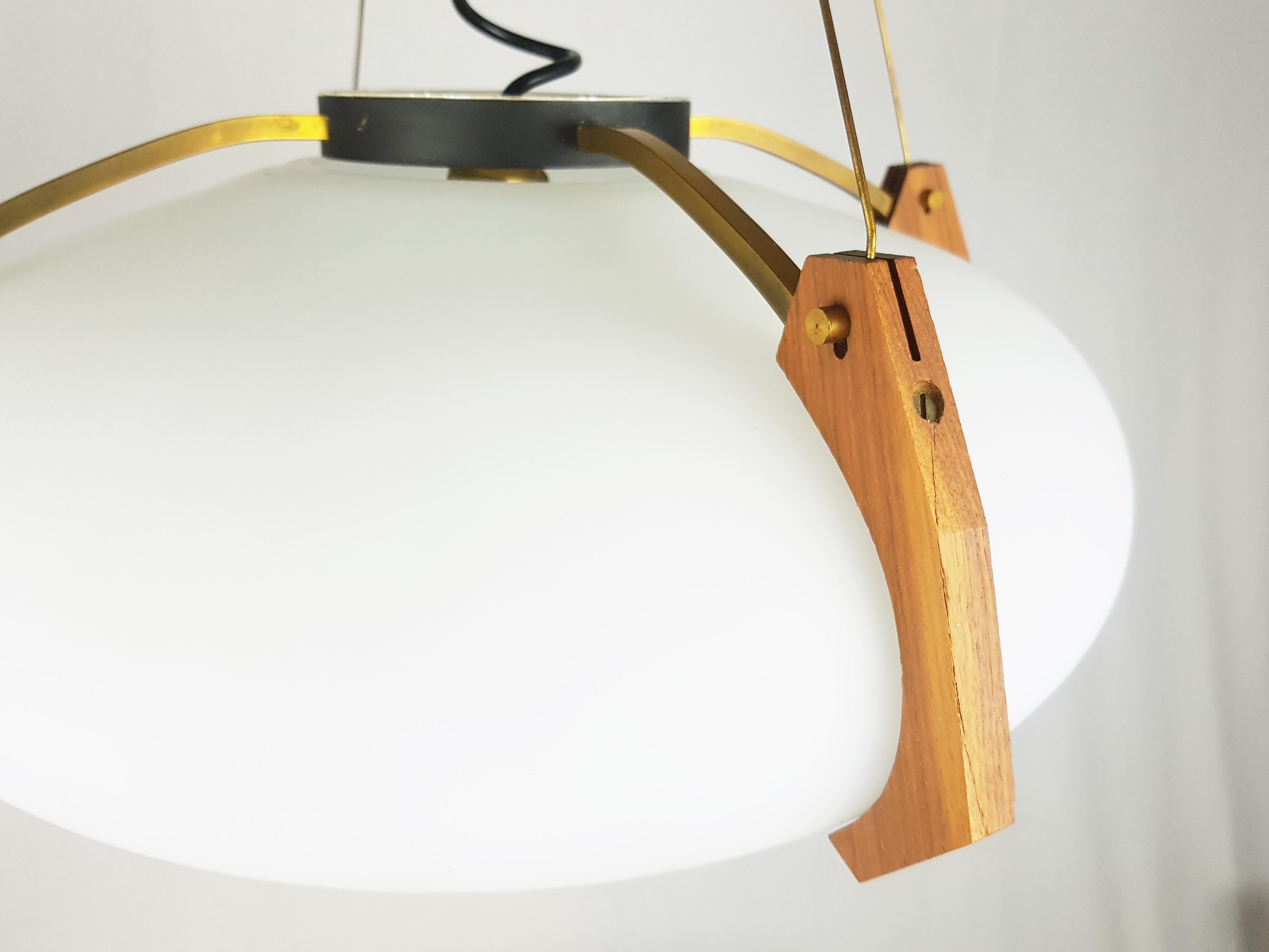 Midcentury Teak, Brass and Opaline Glass Italian Pendant Attributed to Stilnovo For Sale 2