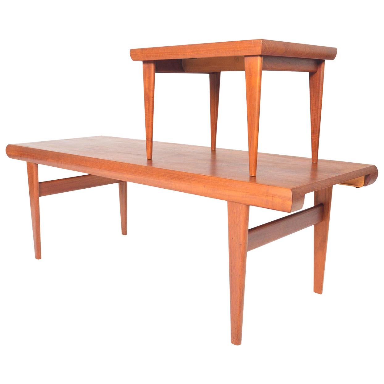Midcentury Teak Coffee Table with Fold Out Side Table