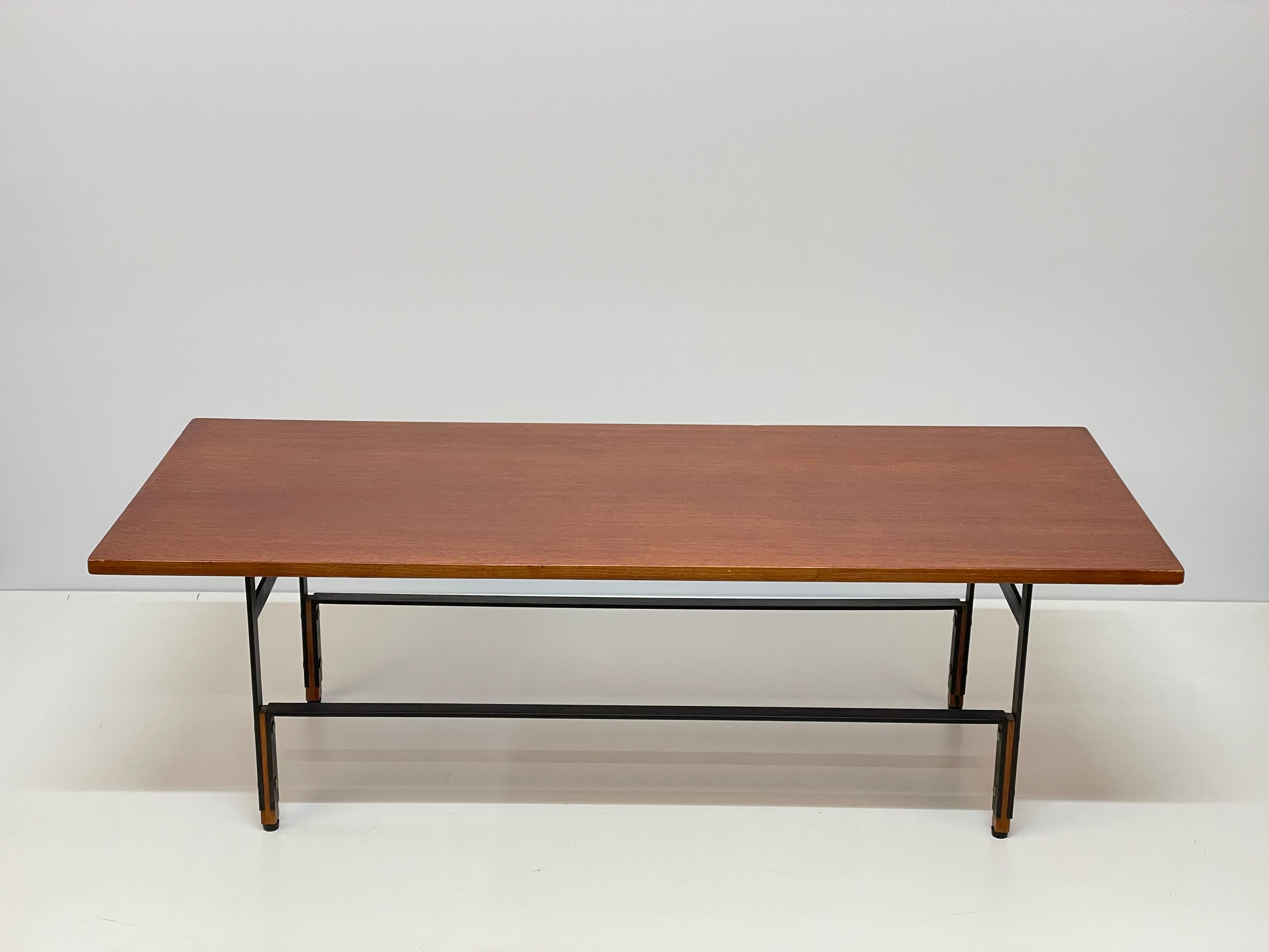Midcentury Teak, Enamelled Iron and Brass Italian Coffee Table, 1960s For Sale 4