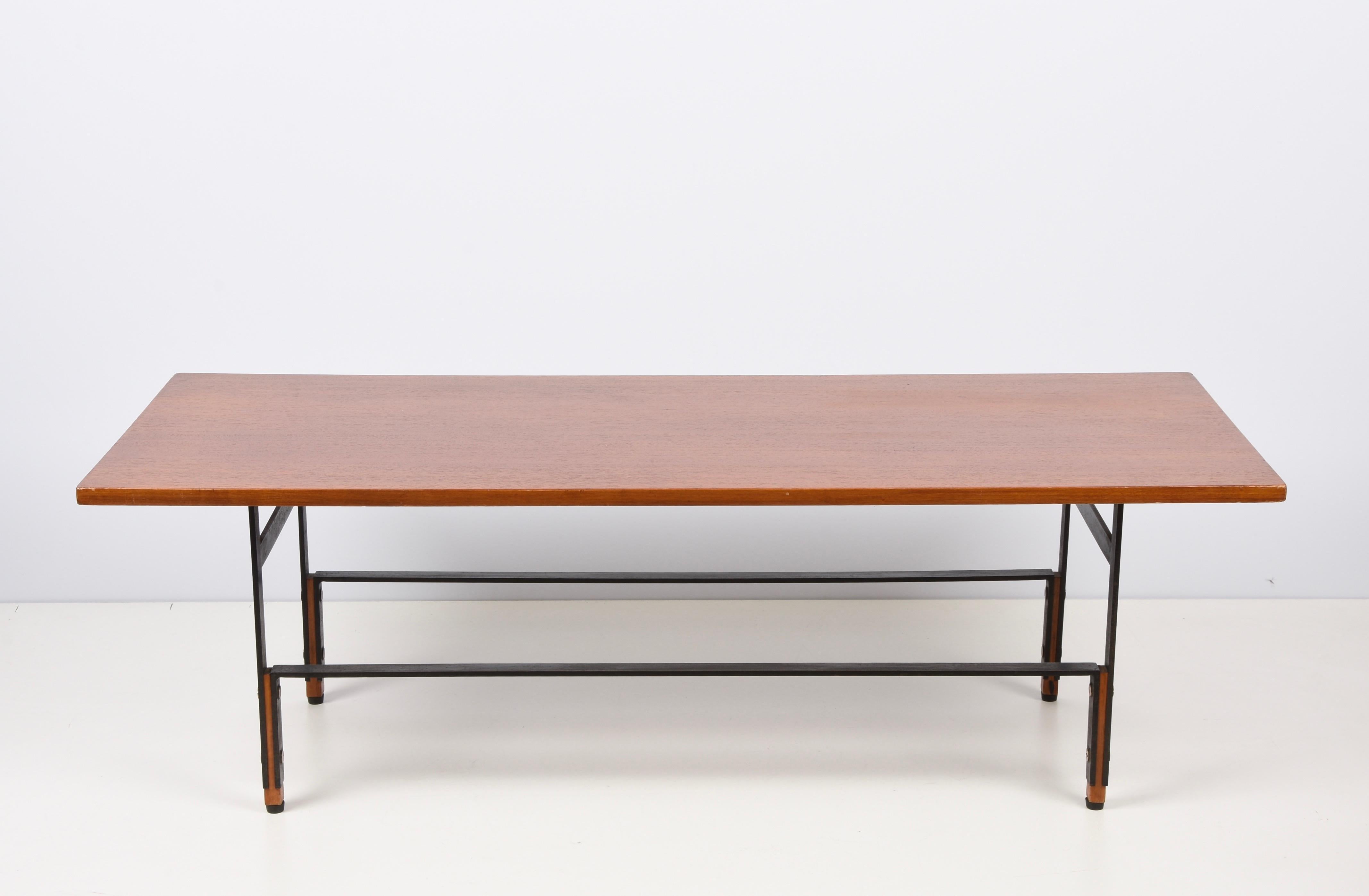Enameled Midcentury Teak, Enamelled Iron and Brass Italian Coffee Table, 1960s For Sale