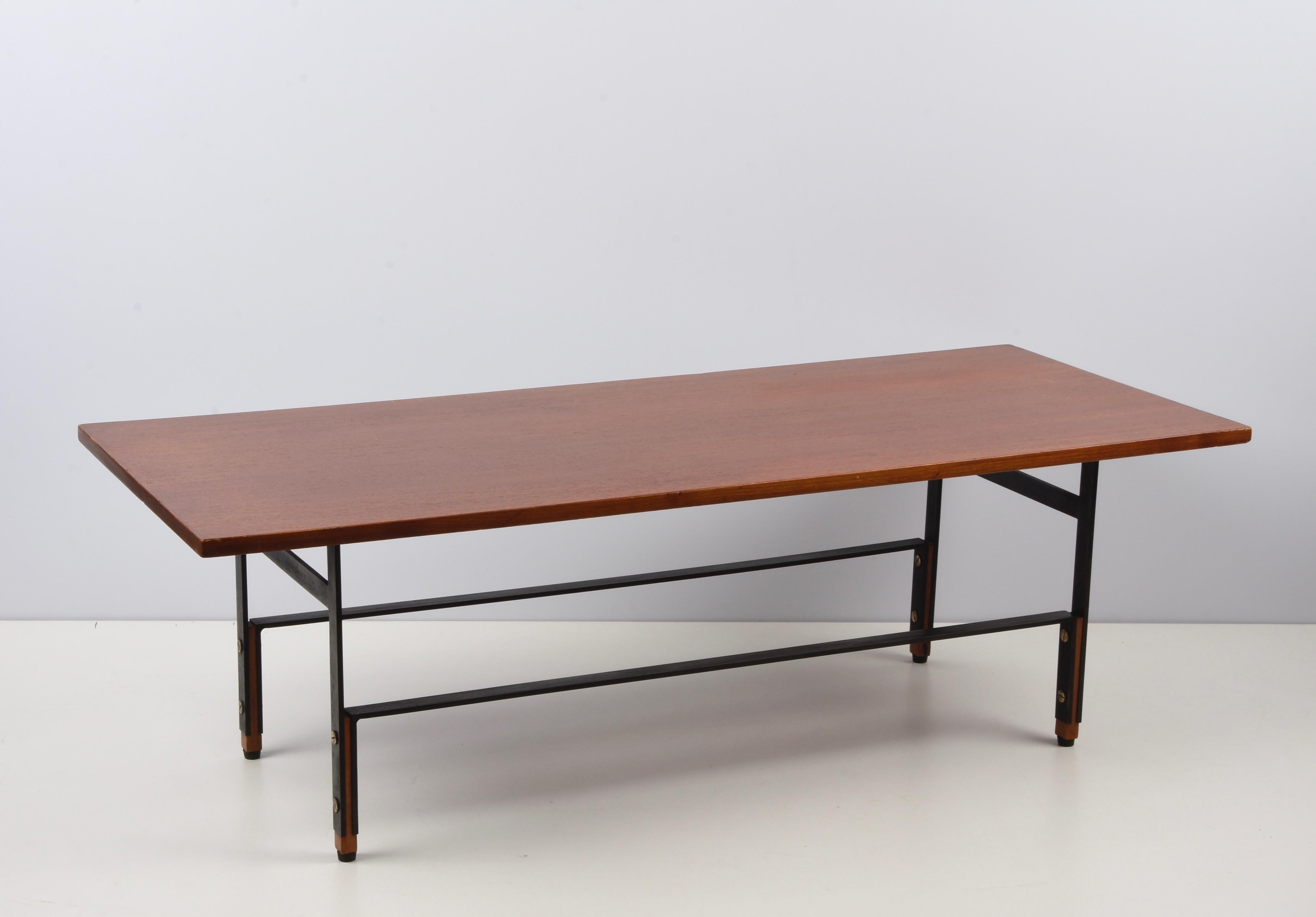 Midcentury Teak, Enamelled Iron and Brass Italian Coffee Table, 1960s For Sale 1