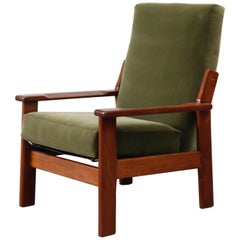 Midcentury Teak High Back Lounge Chair in Olive Green Velvet