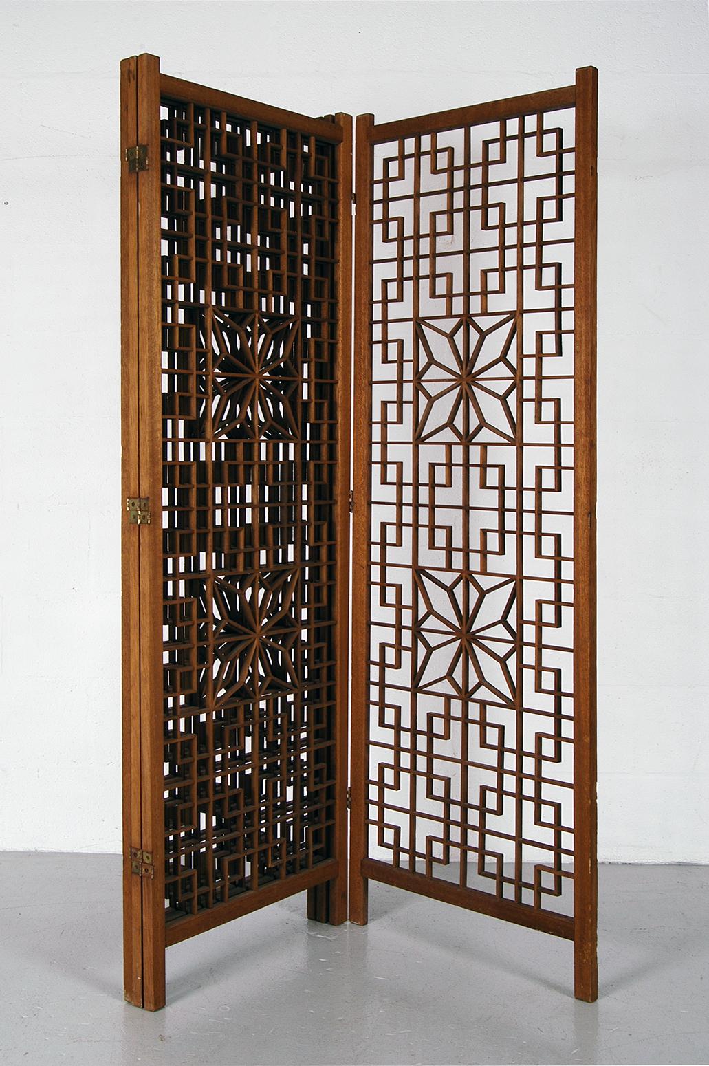 Midcentury Teak Kumiko Folding Screen Room Divider Japanese Art Latticework 3