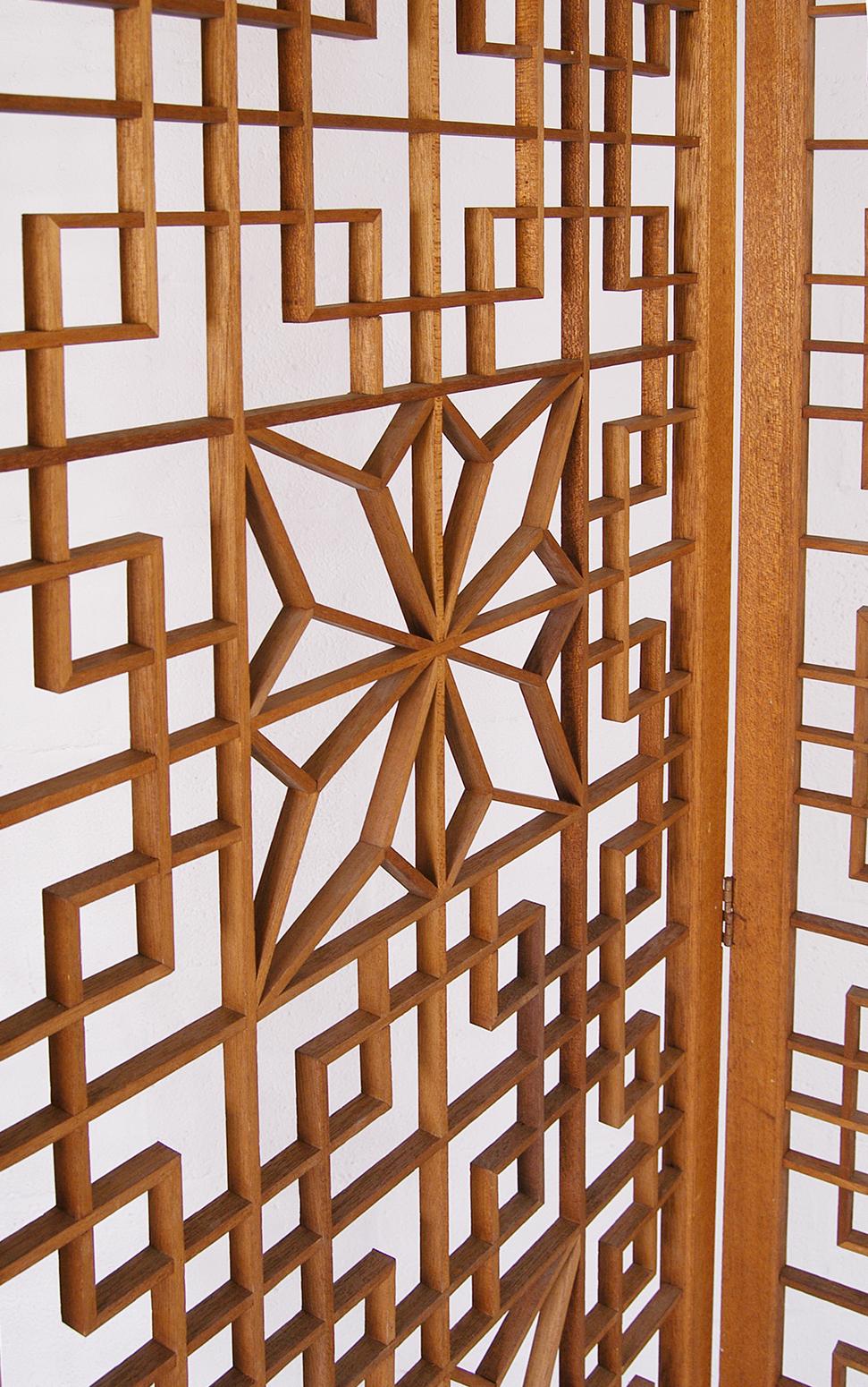Anglo-Japanese Midcentury Teak Kumiko Folding Screen Room Divider Japanese Art Latticework