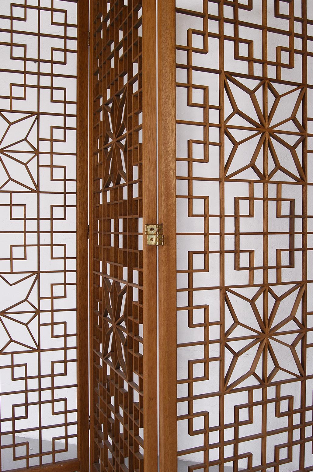 Midcentury Teak Kumiko Folding Screen Room Divider Japanese Art Latticework 1