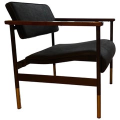 Midcentury Teak, Metal and Black Leather Armchair by Robin Day for British Rail