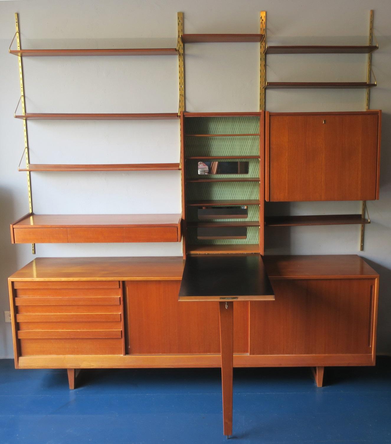 Brass Midcentury Teak Modular Shelf System with Low Sideboard, 1960s For Sale