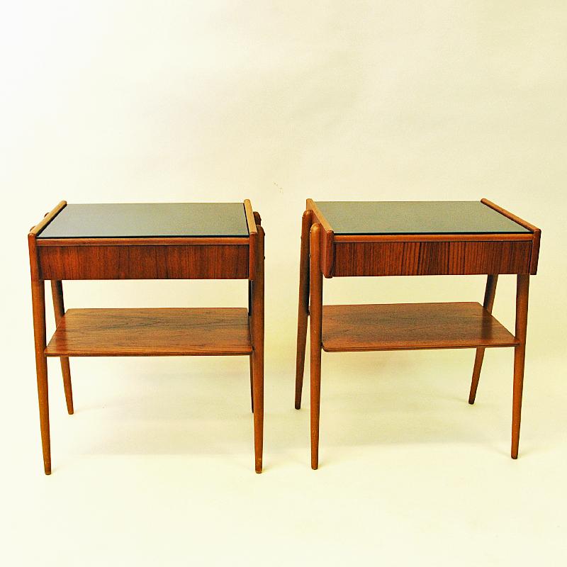 Glass Midcentury Teak Night Table Pair by AB Carlström & Co Sweden, 1950s