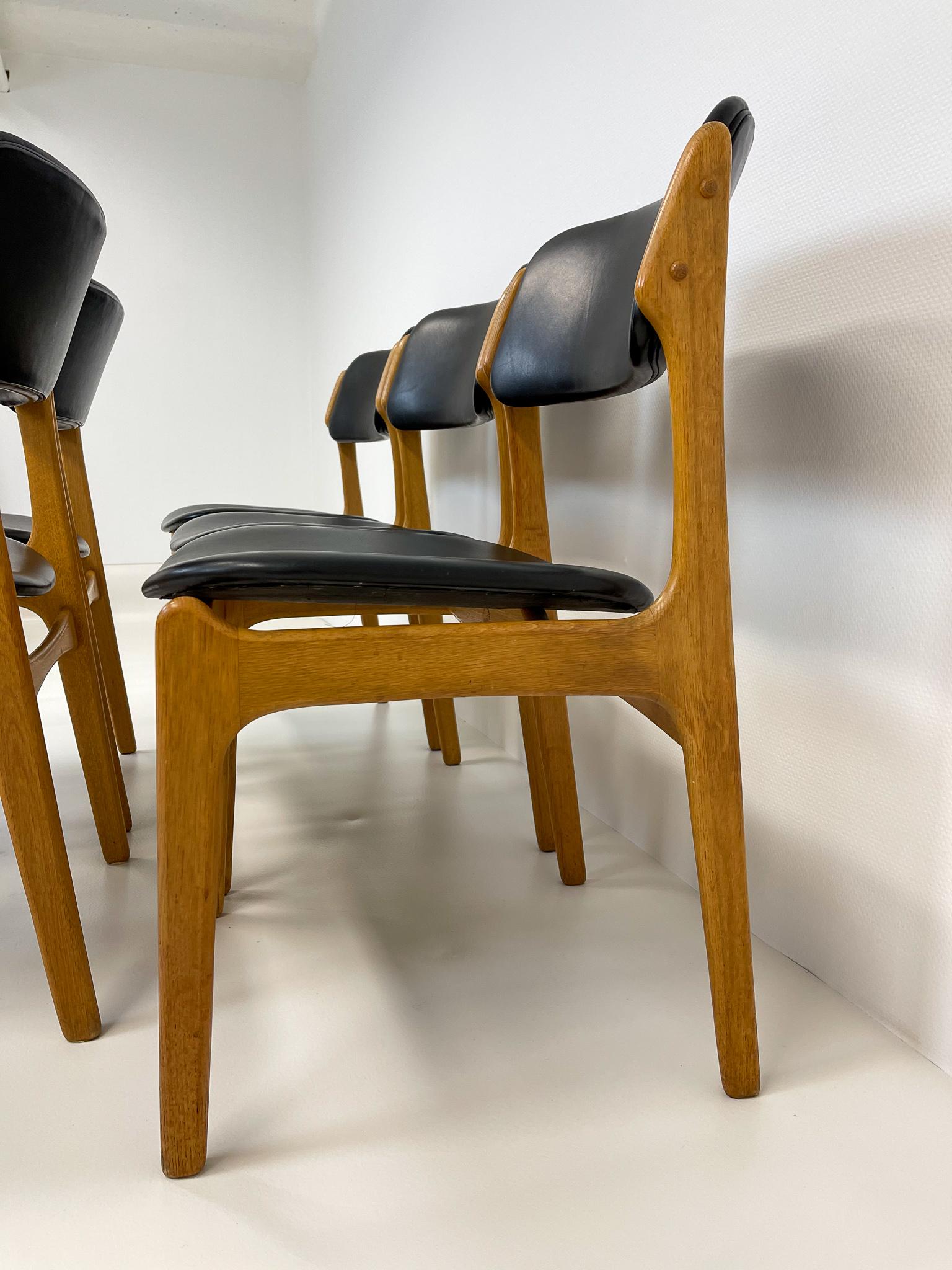 Midcentury Teak Oak-Leather Dining Chairs Erik Buch, 