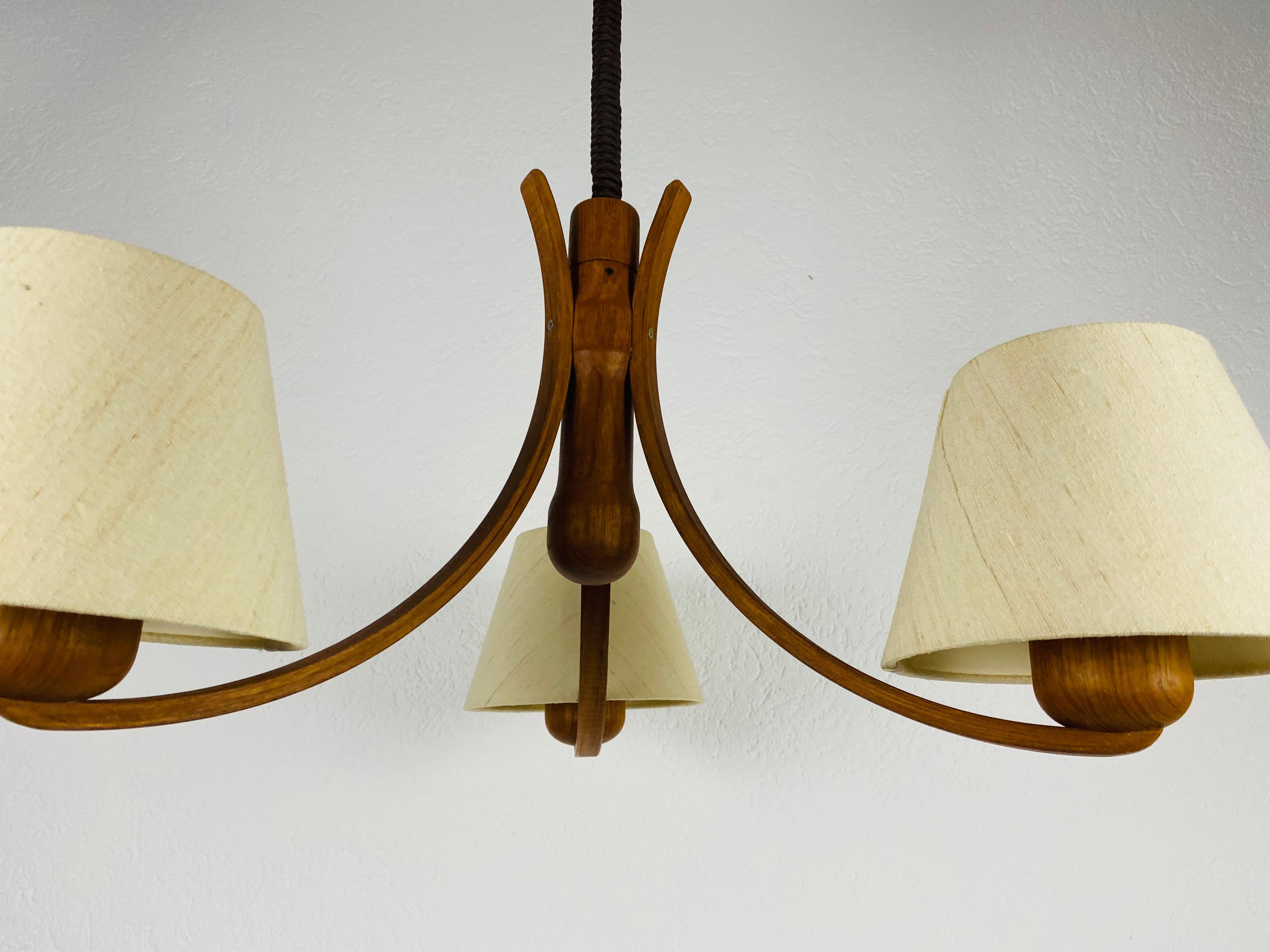 Textile Midcentury Teak Pendant Lamp with 3 Arms by Domus, 1960s