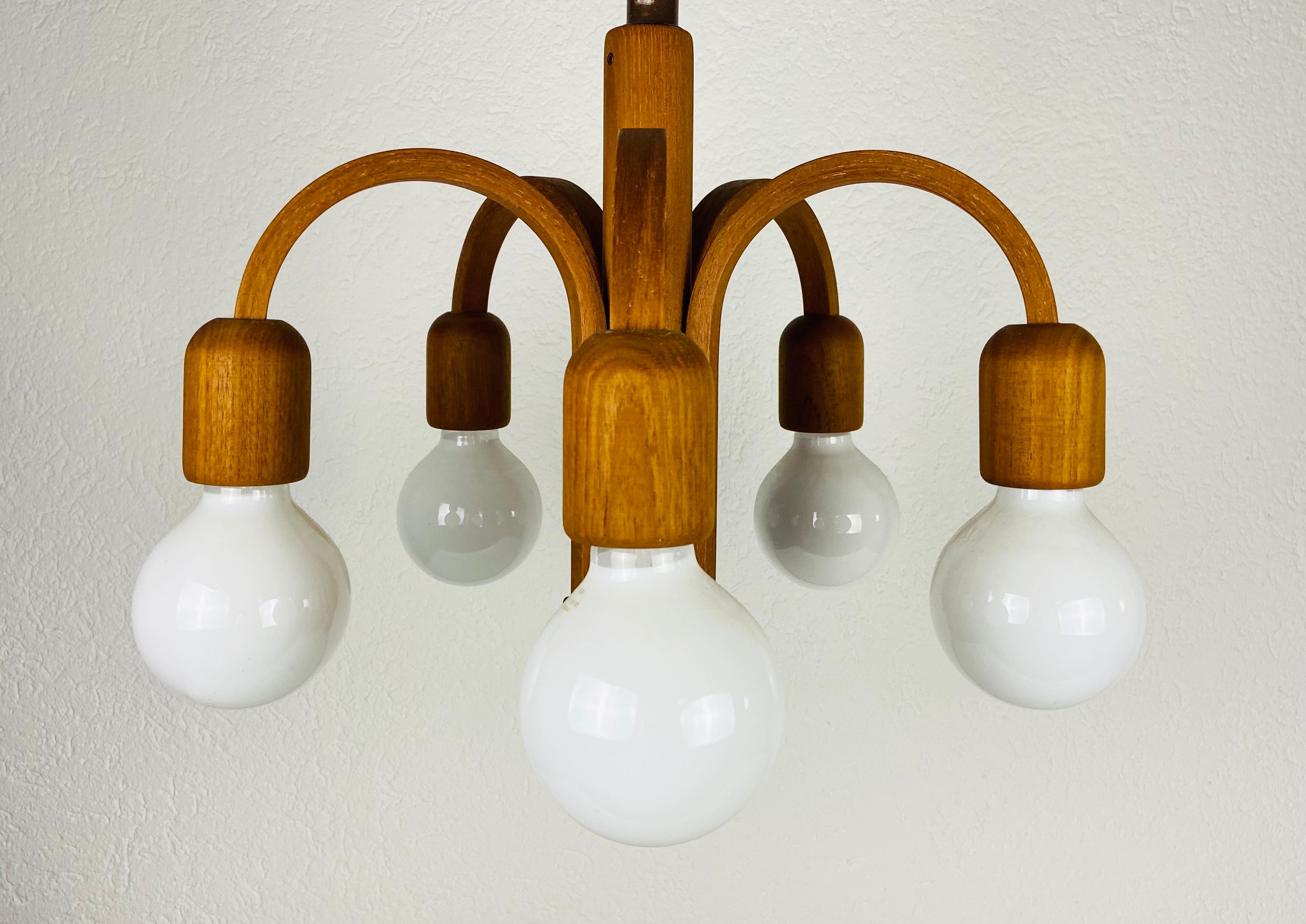 Mid-Century Modern Midcentury Teak Pendant Lamp with 5 Arms by Domus, 1960s