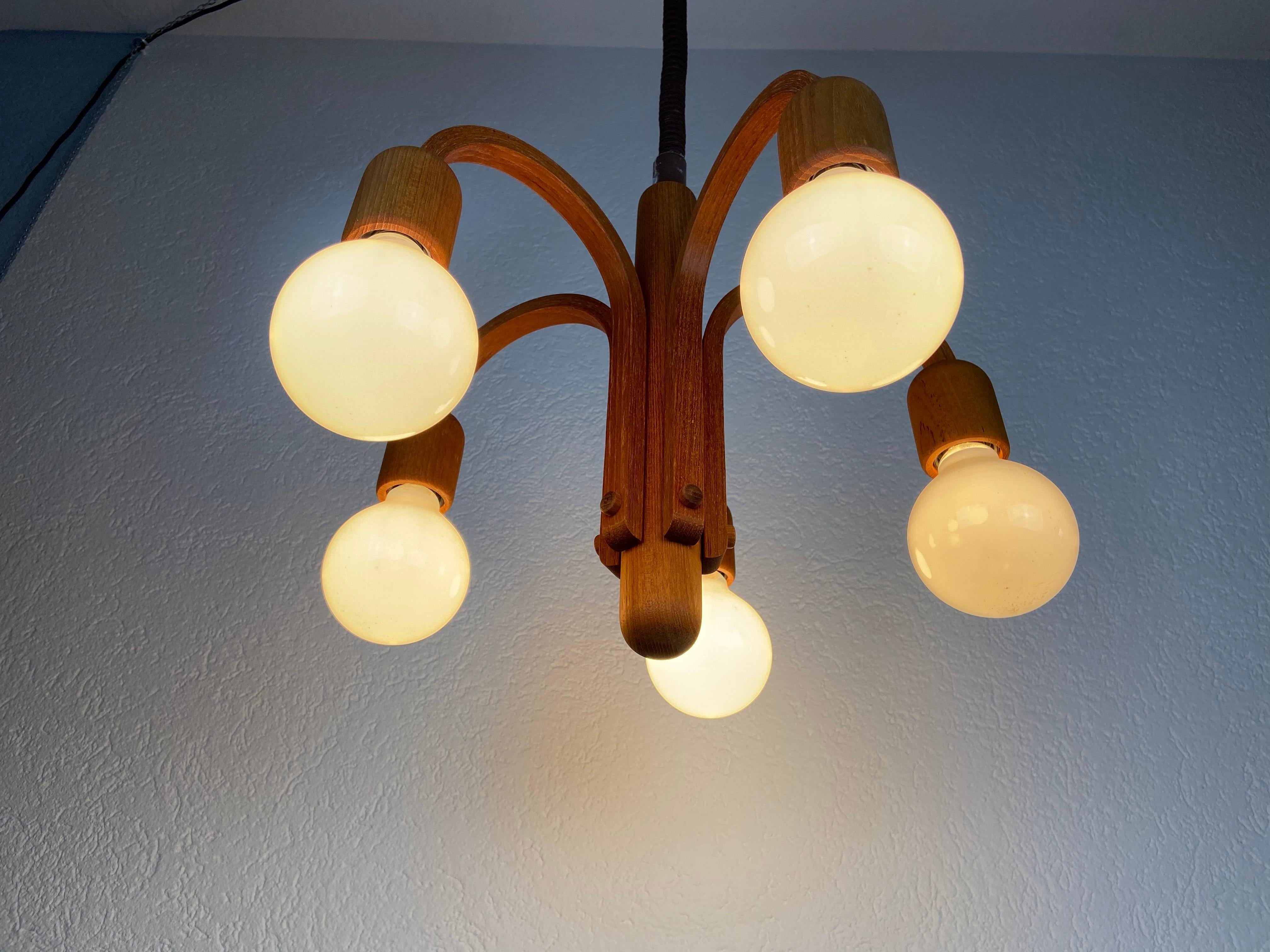 Textile Midcentury Teak Pendant Lamp with 5 Arms by Domus, 1960s