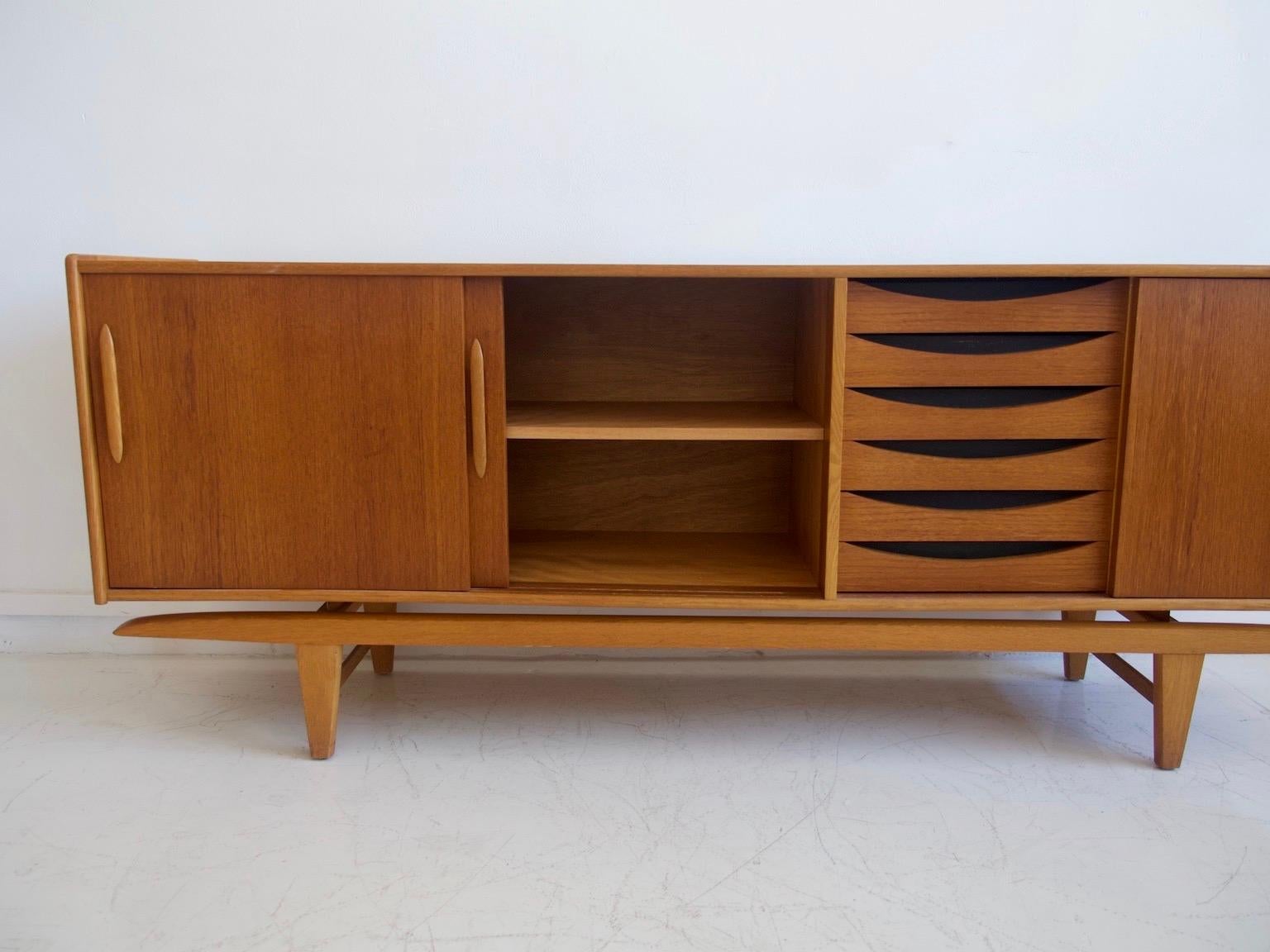 Midcentury Teak Sideboard with Sliding Doors and Drawers 1