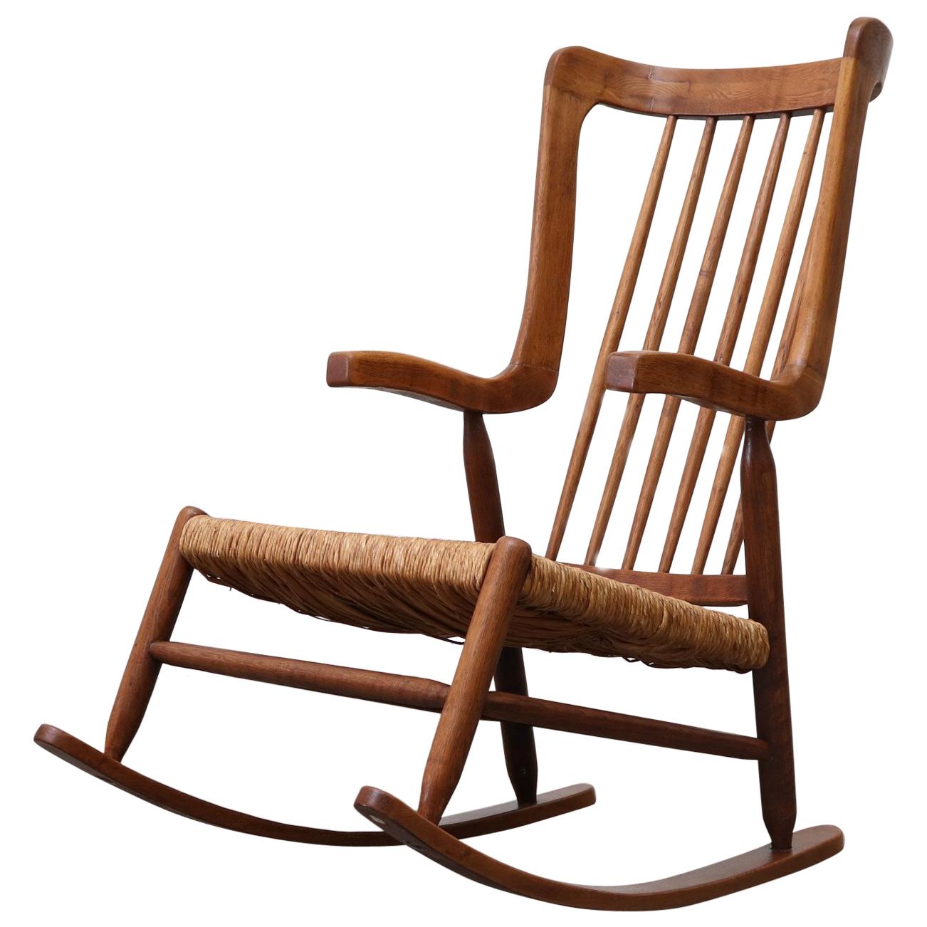 Midcentury Teak Spindle Back Rocking Chair with Rush Seat