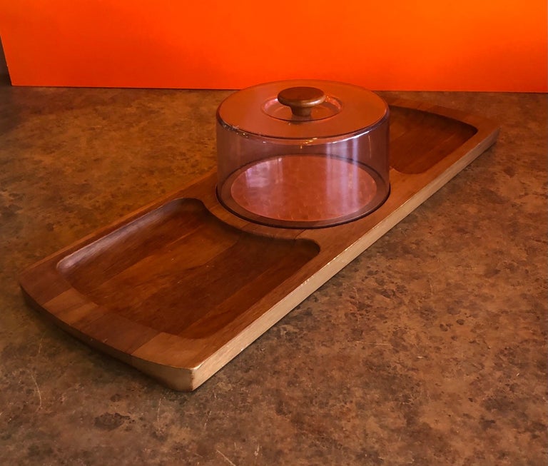 Mid-Century Modern Midcentury Teak Tray / Cheese Board with Dome by Luthje Wood of Denmark For Sale