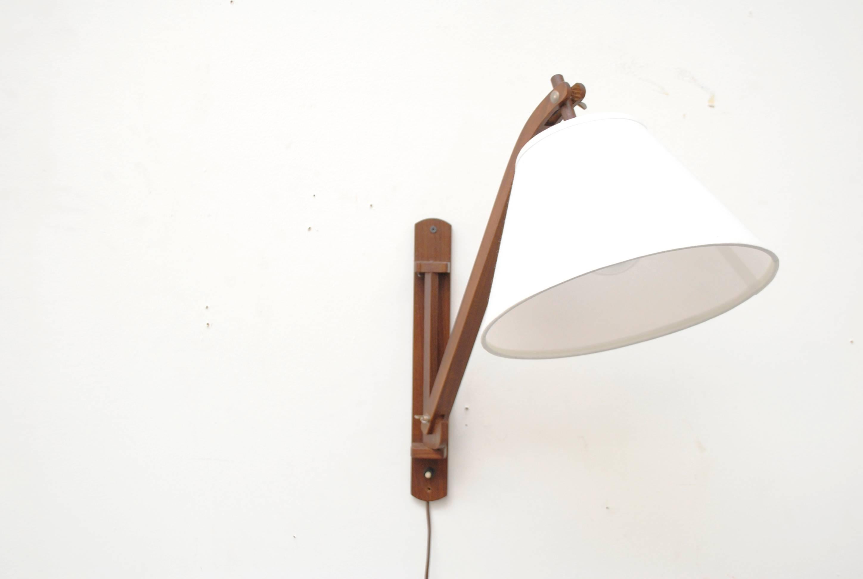 Linen Midcentury Teak Wall Lamp with White Shade
