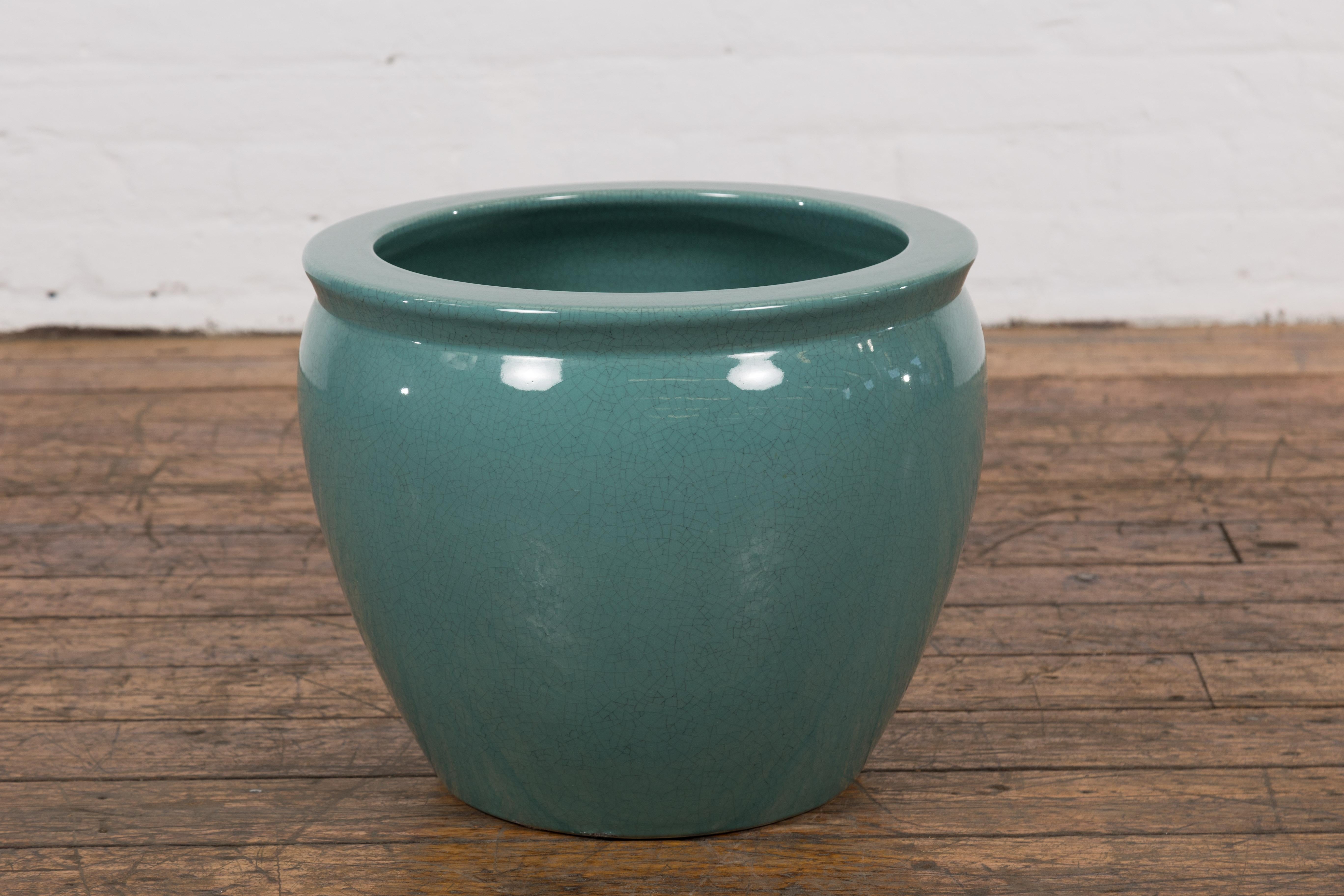 Midcentury Teal Garden Planter with Circular Opening and Tapering Lines For Sale 4