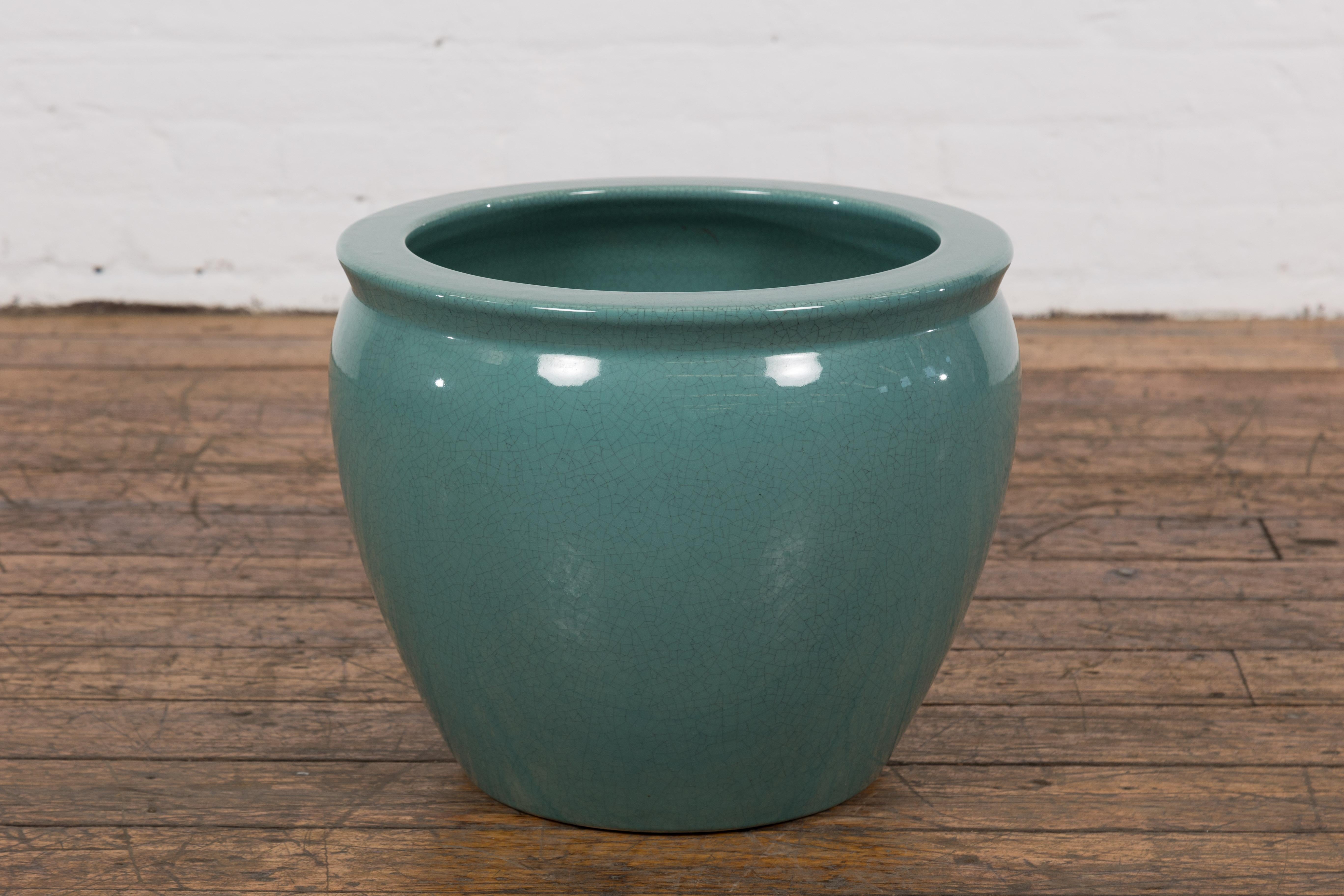 Midcentury Teal Garden Planter with Circular Opening and Tapering Lines For Sale 5