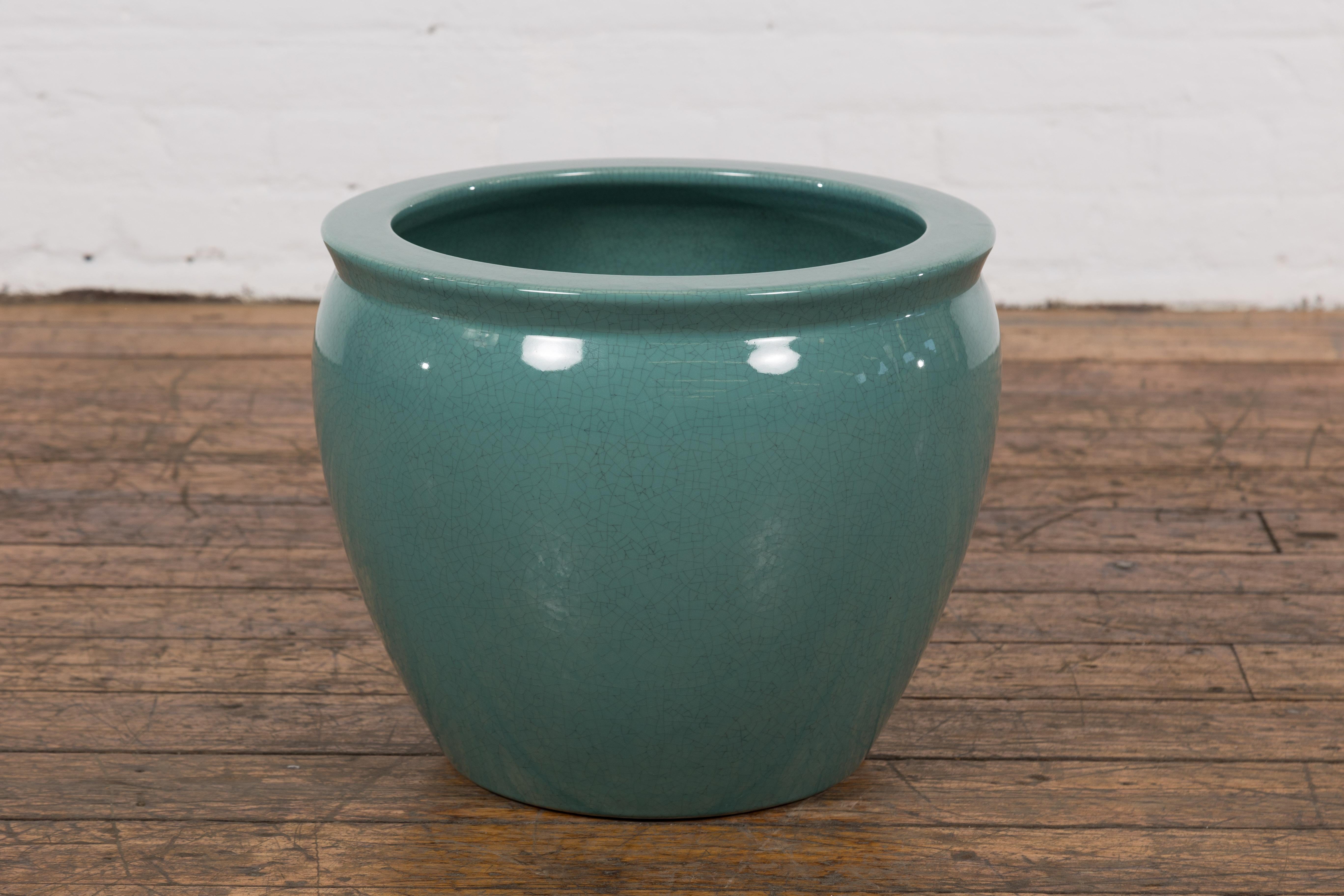 Midcentury Teal Garden Planter with Circular Opening and Tapering Lines For Sale 6