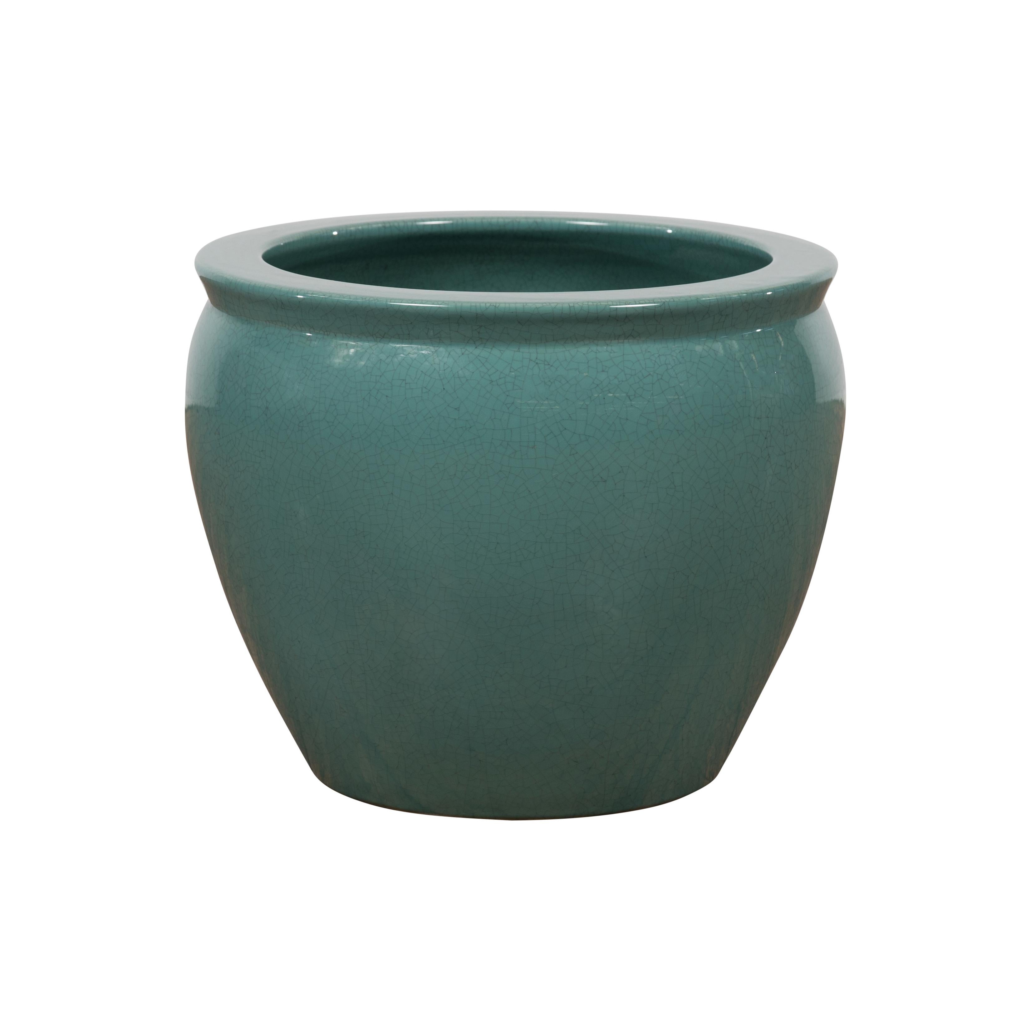 Midcentury Teal Garden Planter with Circular Opening and Tapering Lines For Sale 9