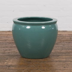 Midcentury Teal Garden Planter with Circular Opening and Tapering Lines